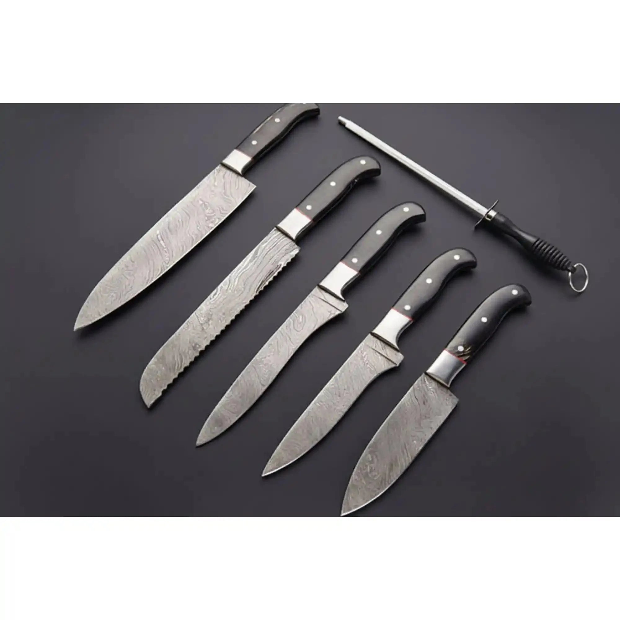 Handmade Damascus Chef Knife Set of 5, Full Tang Kitchen Knife Collection, Black Handle Culinary Knives with Leather Roll and Sharpening Rod