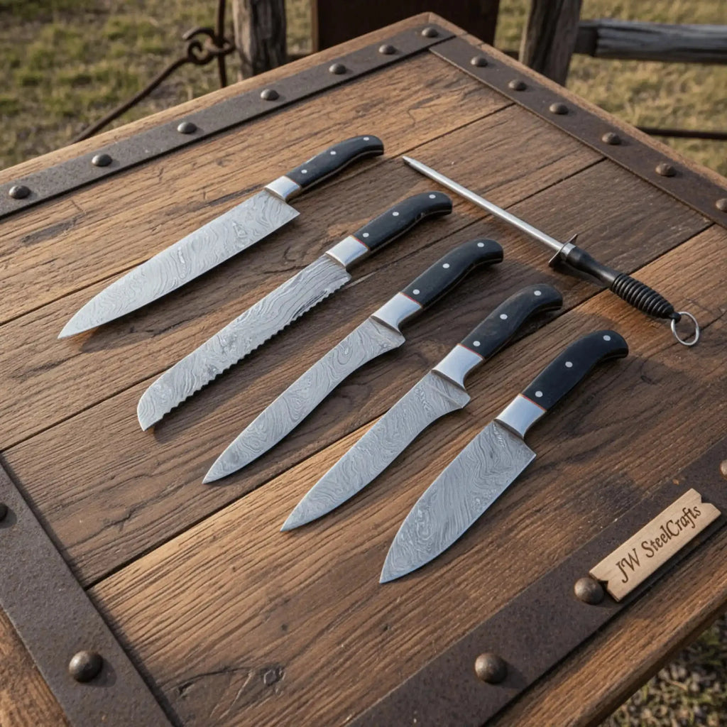 Handmade Damascus Chef Knife Set of 5, Full Tang Kitchen Knife Collection, Black Handle Culinary Knives with Leather Roll and Sharpening Rod
