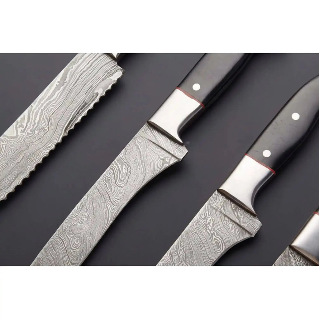 Handmade Damascus Chef Knife Set of 5, Full Tang Kitchen Knife Collection, Black Handle Culinary Knives with Leather Roll and Sharpening Rod