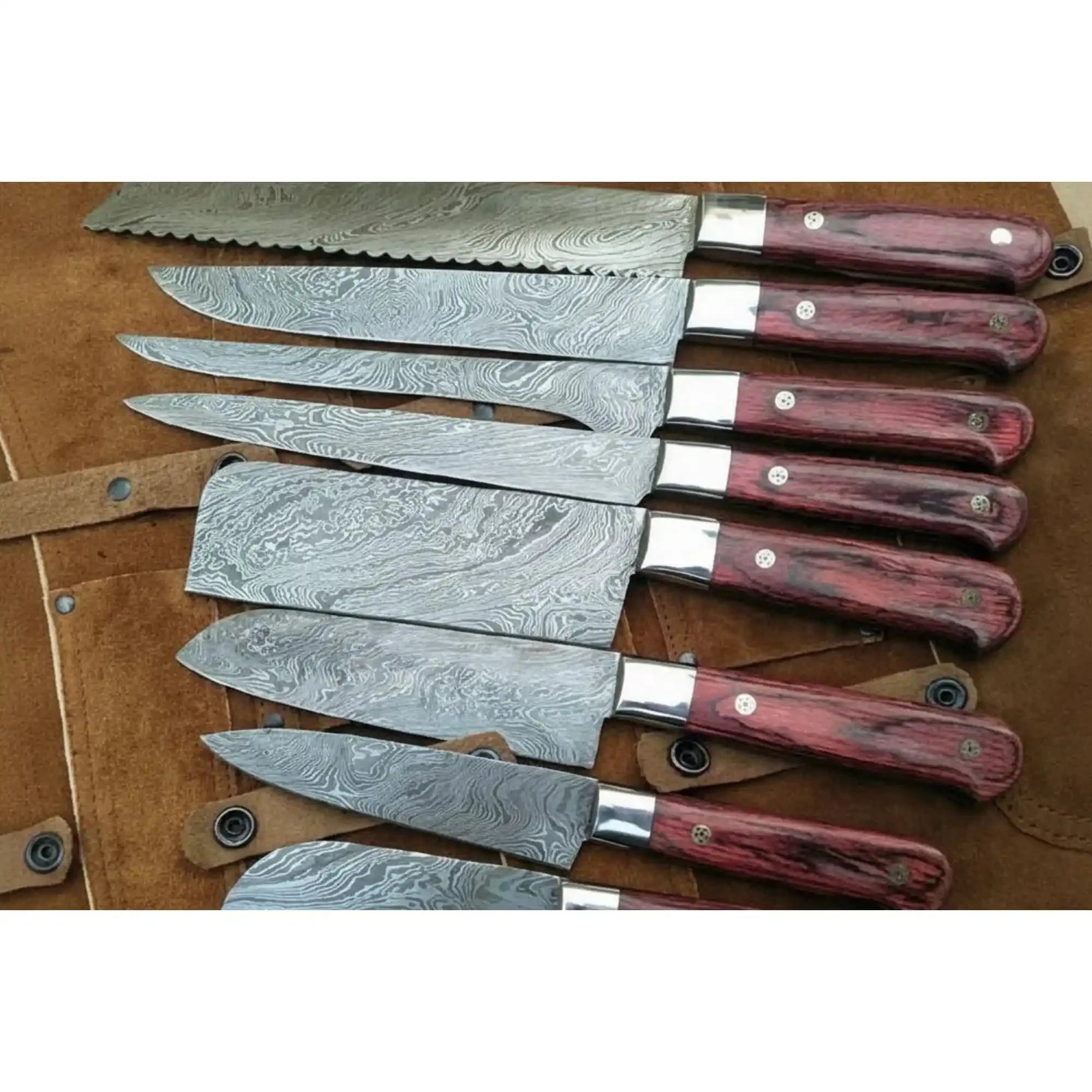 Handmade Damascus Chef Knife Set of 8 with Leather Roll, Full Tang Culinary Knife Collection with Red Wood Handles – JW SteelCrafts