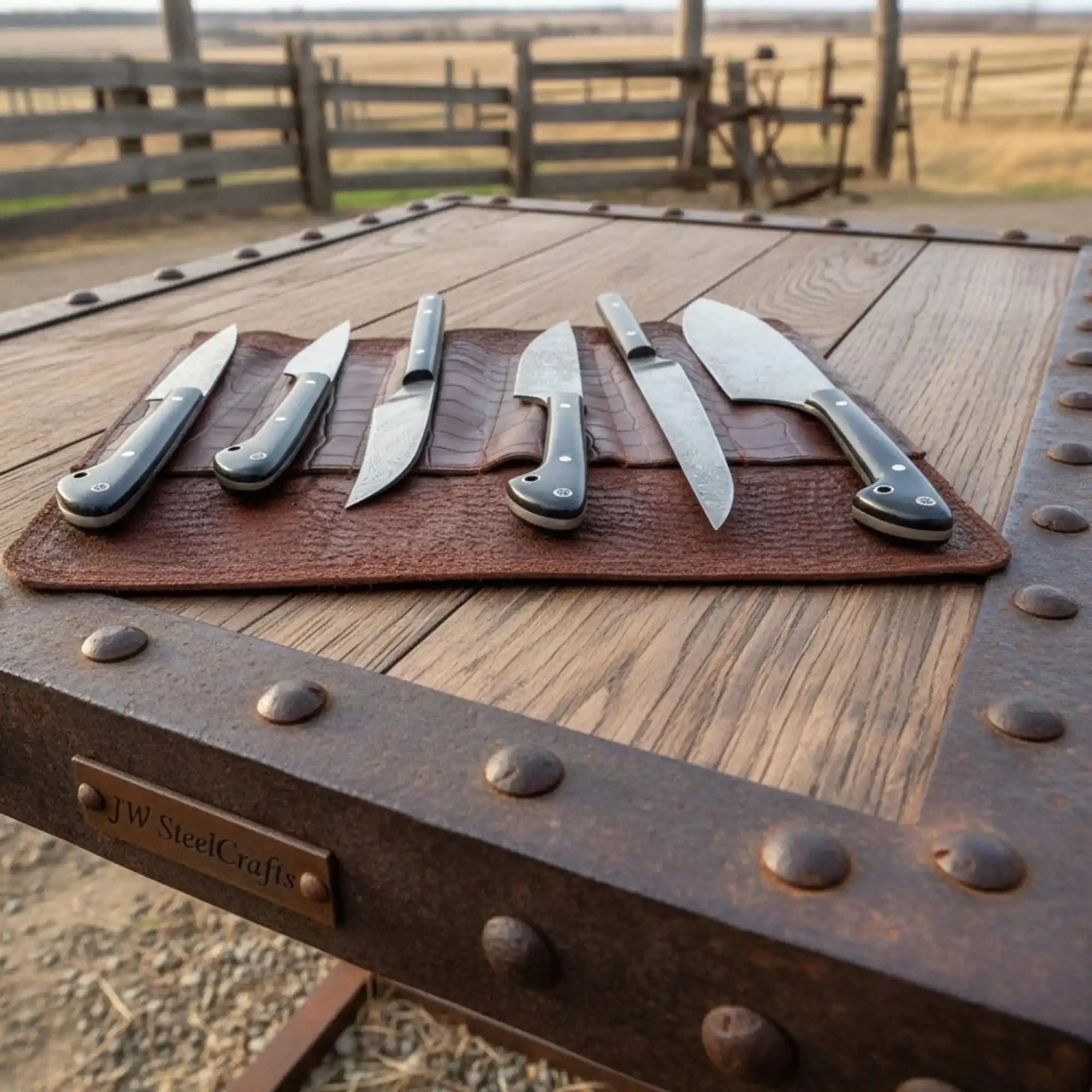 Handmade Damascus Chef Knife Set with Leather Roll, Full Tang Black Resin Handles, Professional Kitchen Knife Kit