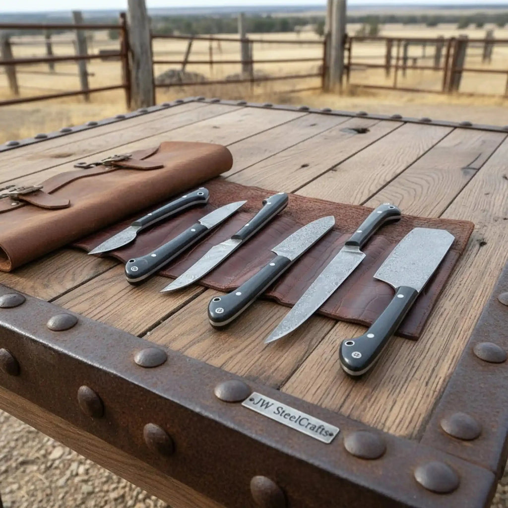 Handmade Damascus Chef Knife Set with Leather Roll, Full Tang Black Resin Handles, Professional Kitchen Knife Kit