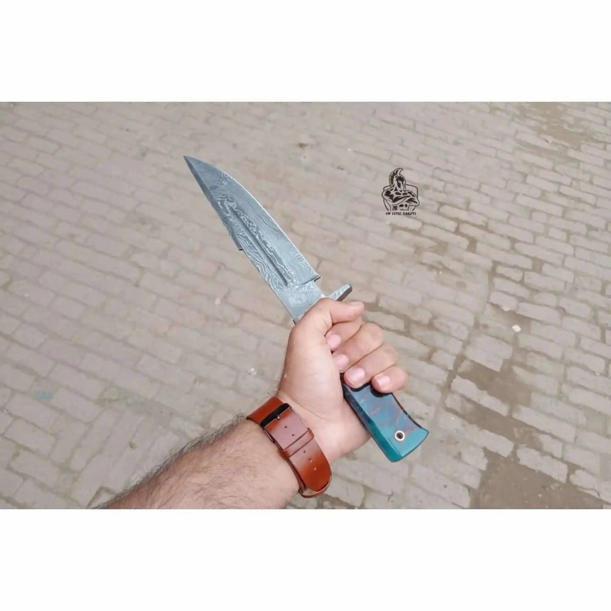 Handmade Damascus Clip Point Bowie Knife, Custom Resin Handle Bowie, Modern Bowie Knife with Leather Sheath, JW SteelCrafts