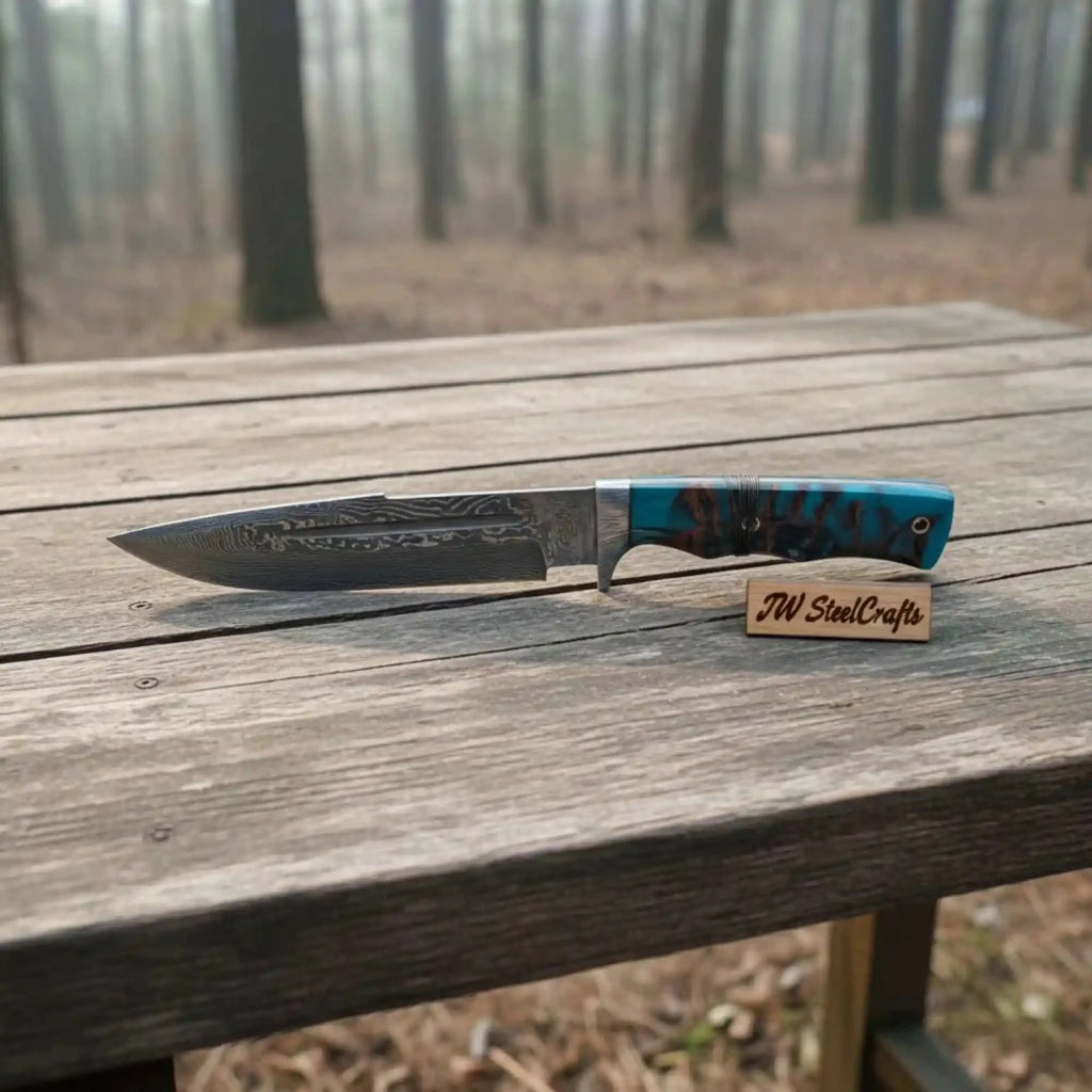 Handmade Damascus Clip Point Bowie Knife, Custom Resin Handle Bowie, Modern Bowie Knife with Leather Sheath, JW SteelCrafts