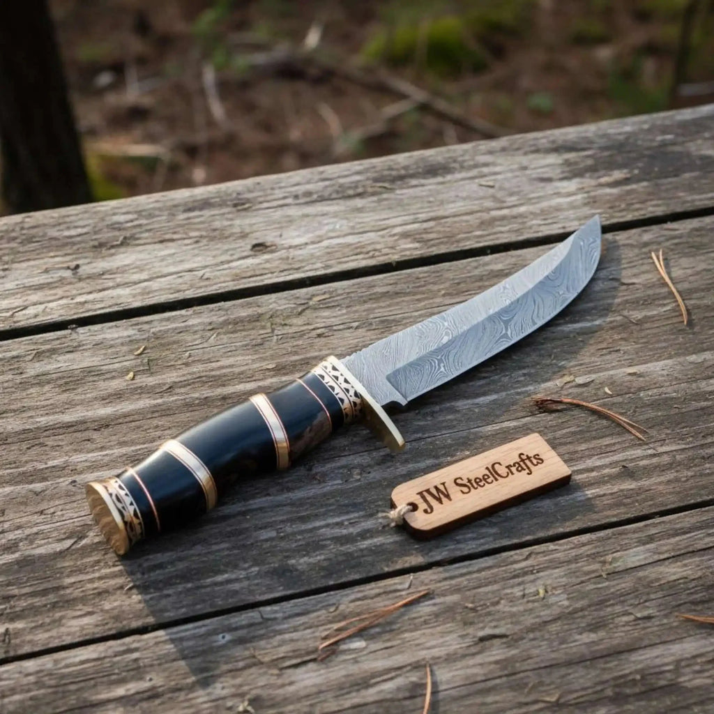 Handmade Damascus Clip Point Bowie Knife, Custom Stacked Wood Handle Fixed Blade