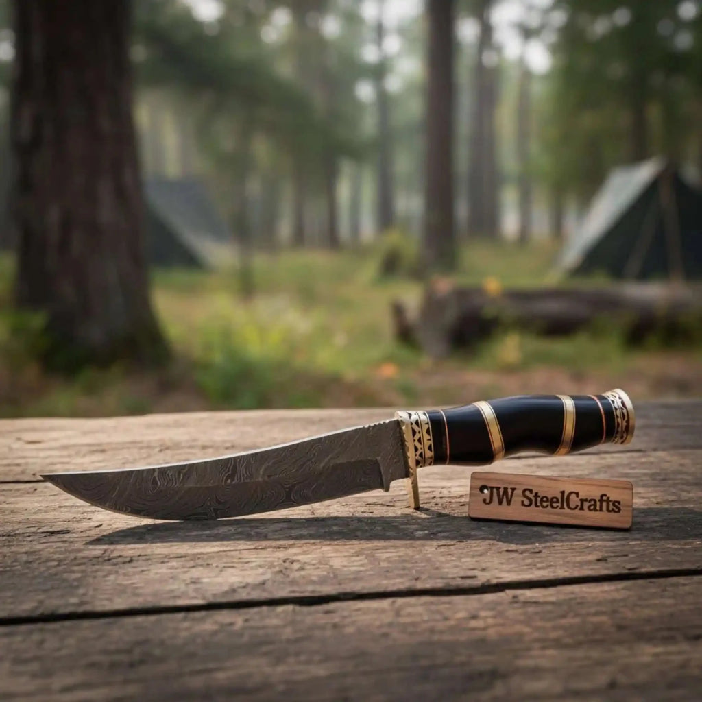Handmade Damascus Clip Point Bowie Knife, Custom Stacked Wood Handle Fixed Blade