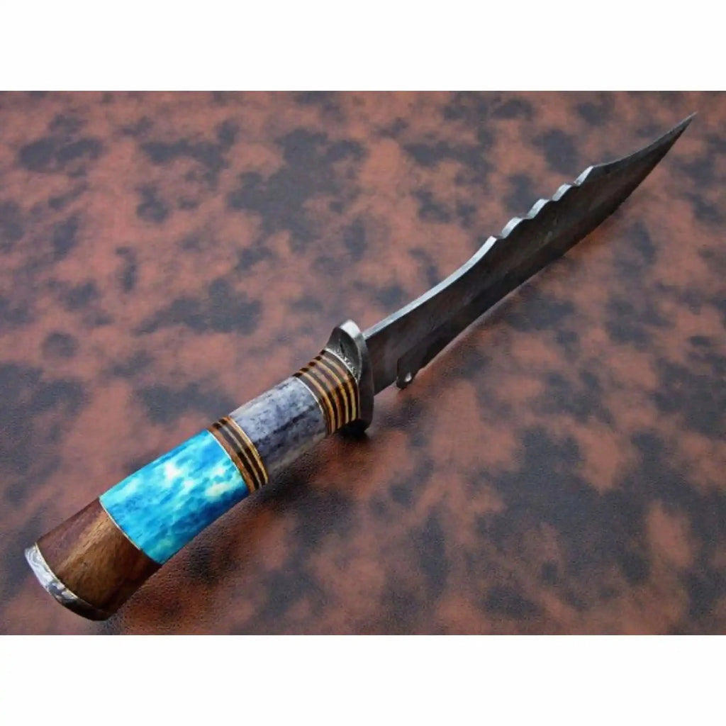 Handmade Damascus Clip Point Bowie Knife Stacked Bone and Wood Handle Fixed Blade JW SteelCrafts