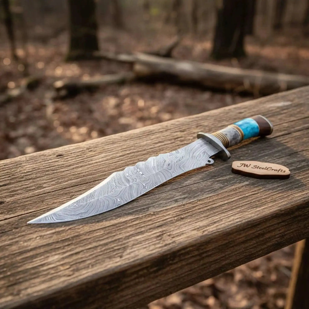 Handmade Damascus Clip Point Bowie Knife Stacked Bone and Wood Handle Fixed Blade JW SteelCrafts