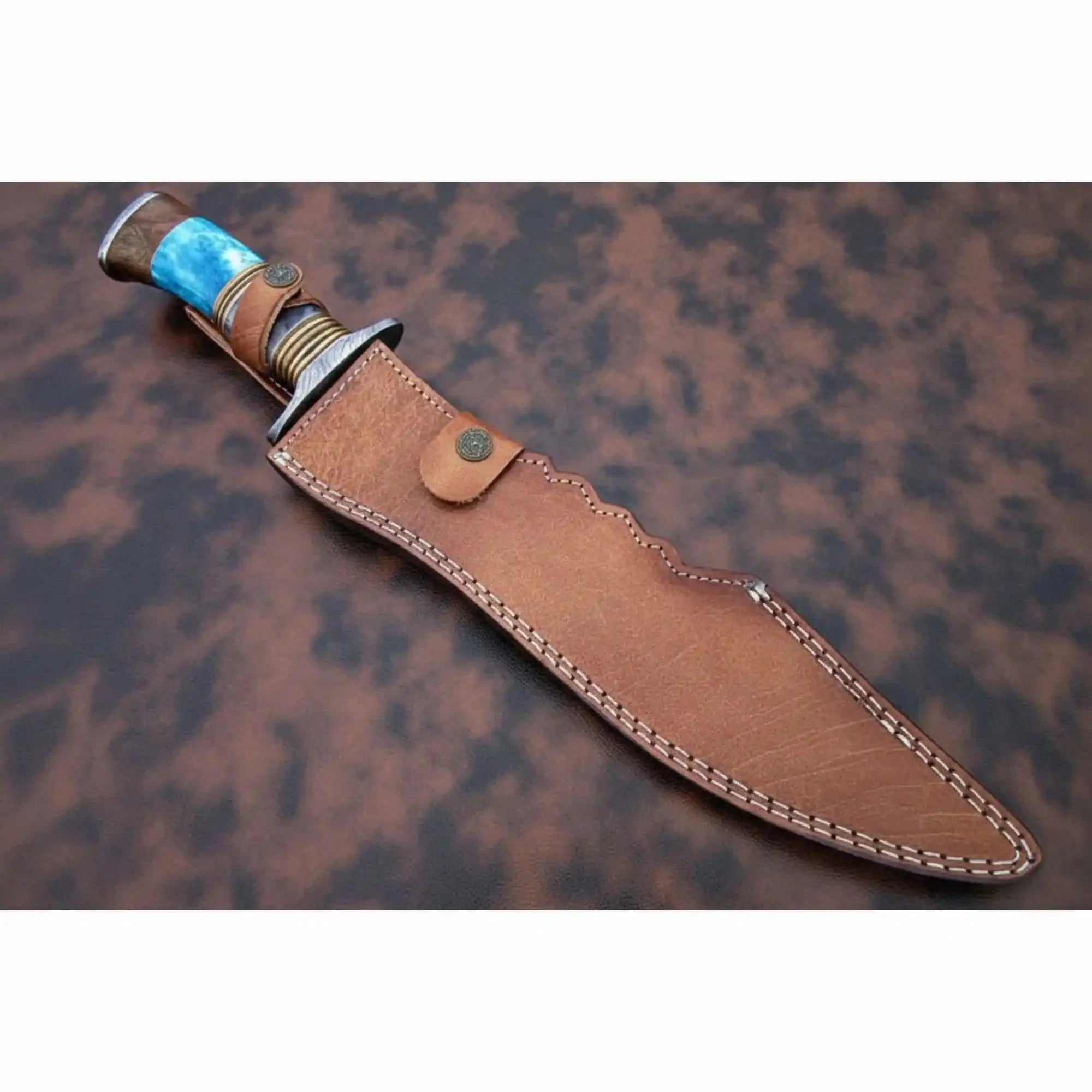 Handmade Damascus Clip Point Bowie Knife Stacked Bone and Wood Handle Fixed Blade JW SteelCrafts