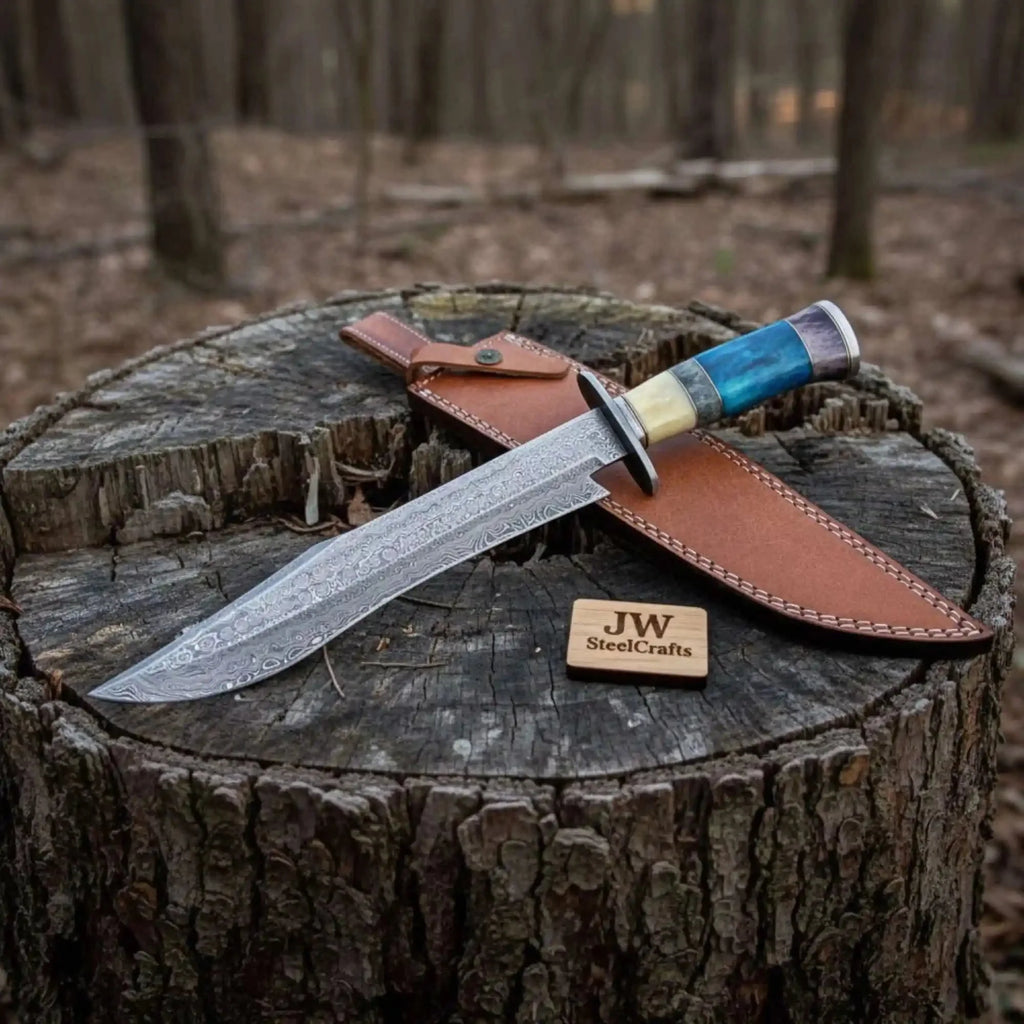 Handmade Damascus Clip Point Bowie Knife Stacked Handle Fixed Blade Hunting Knife JW SteelCrafts