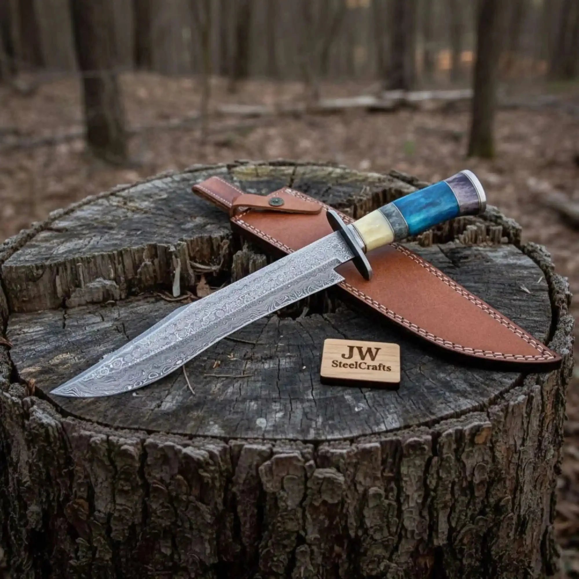 Handmade Damascus Clip Point Bowie Knife Stacked Handle Fixed Blade Hunting Knife JW SteelCrafts