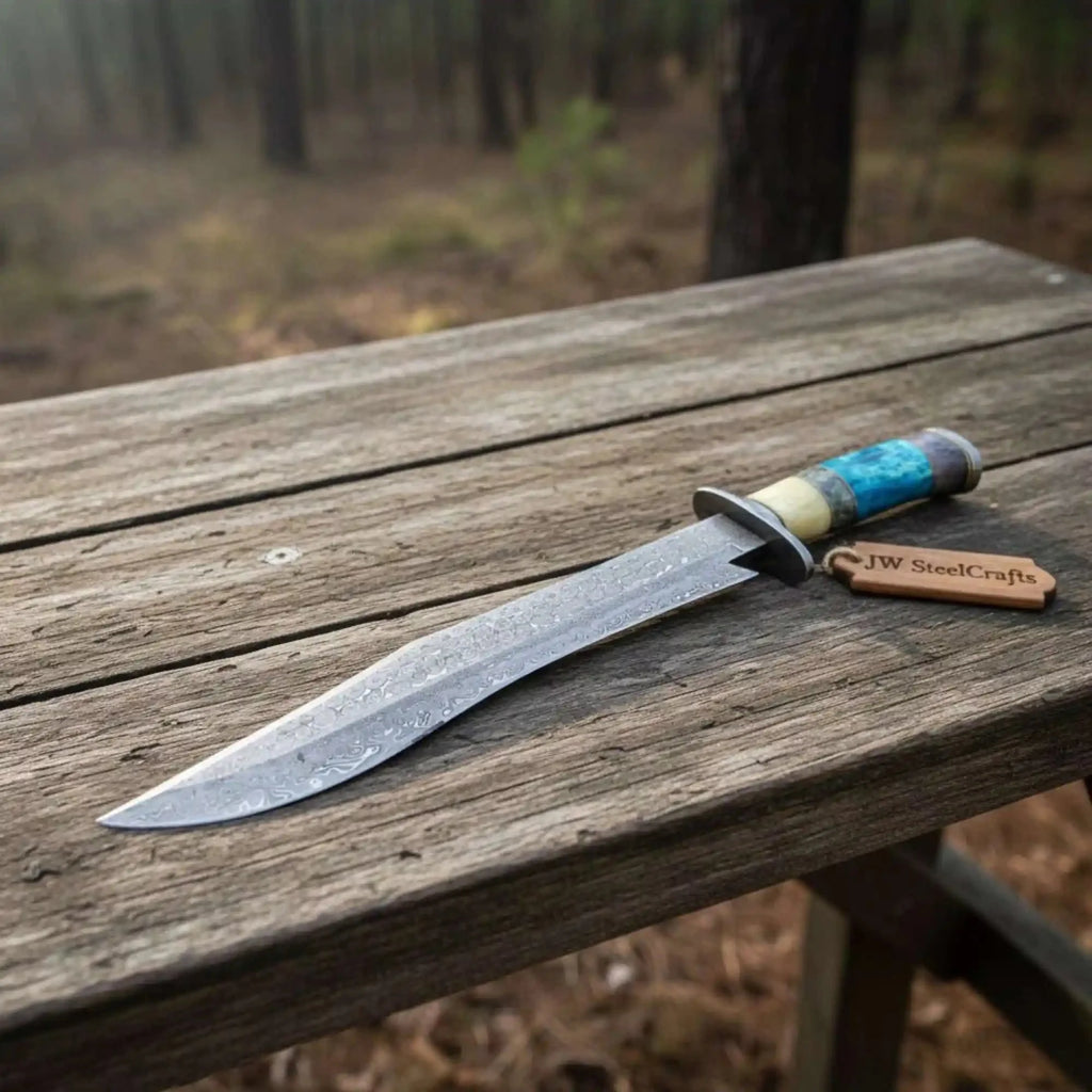 Handmade Damascus Clip Point Bowie Knife Stacked Handle Fixed Blade Hunting Knife JW SteelCrafts