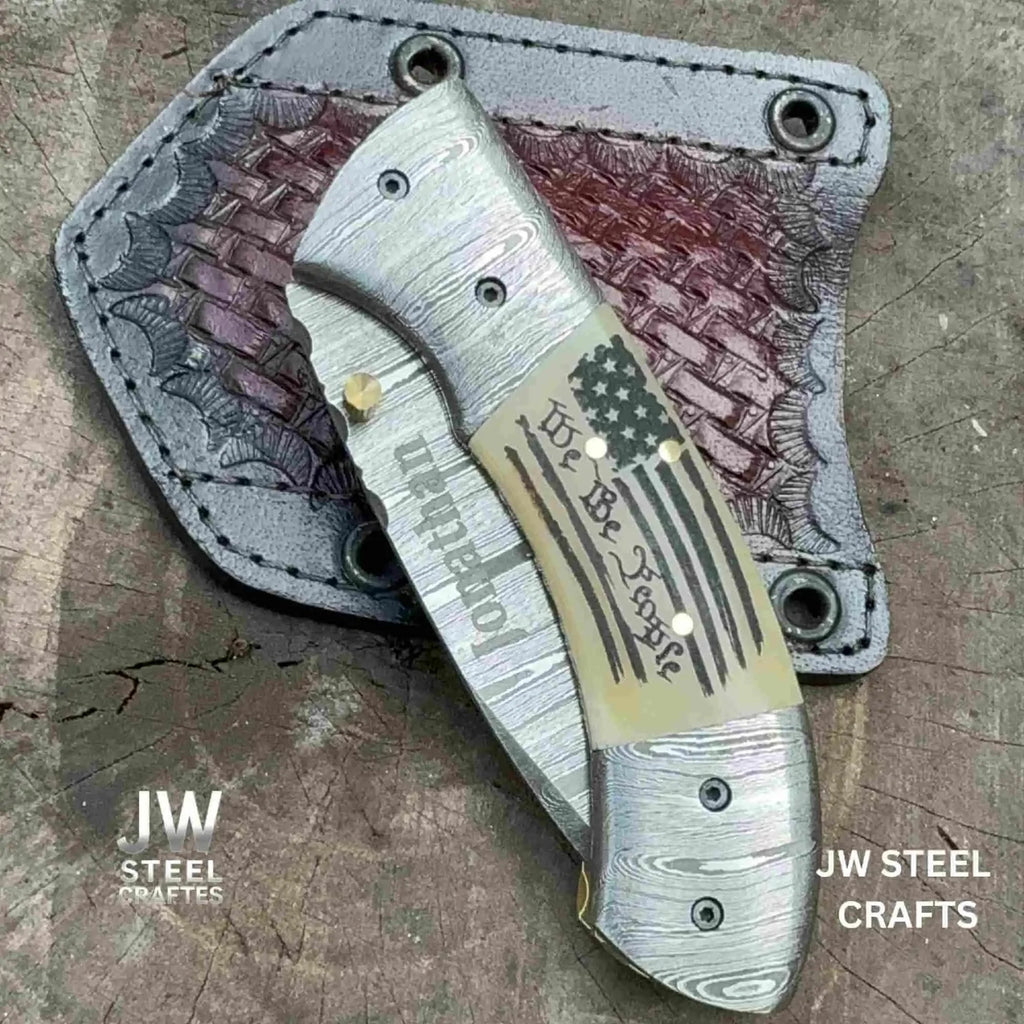 Handmade Damascus Drop Point Folding Knife – American Flag Handle, EDC Pocket Knife