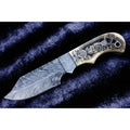 Handmade Damascus Drop Point Hunting Knife with Engraved Bone Handle and Leather Sheath