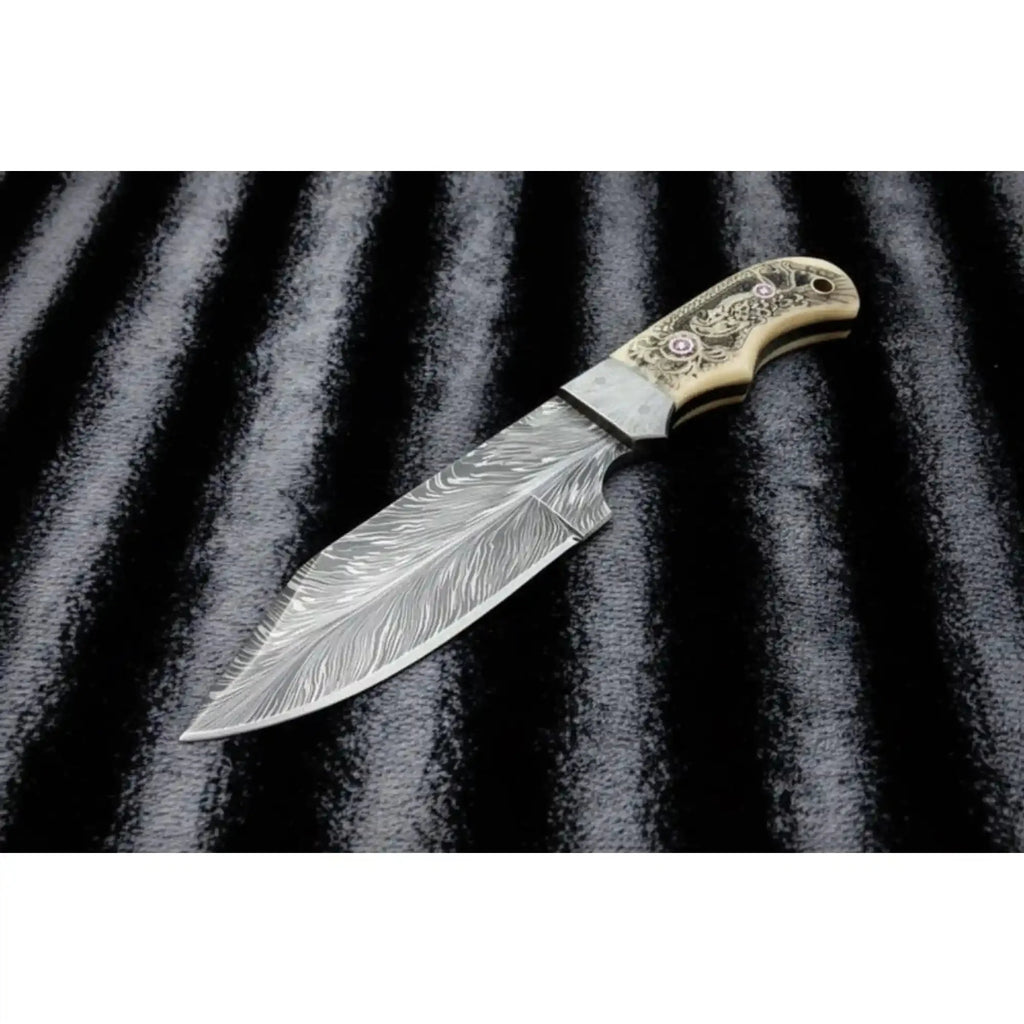 Handmade Damascus Drop Point Hunting Knife with Engraved Bone Handle and Leather Sheath