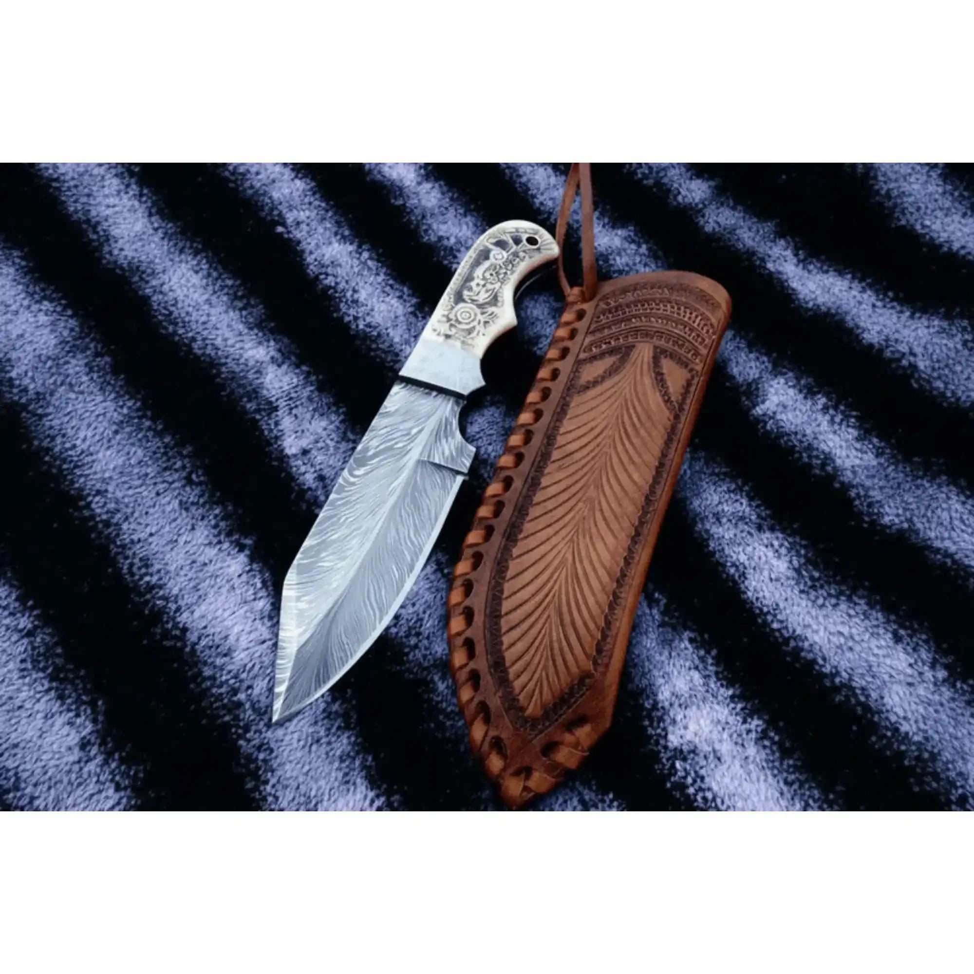 Handmade Damascus Drop Point Hunting Knife with Engraved Bone Handle and Leather Sheath
