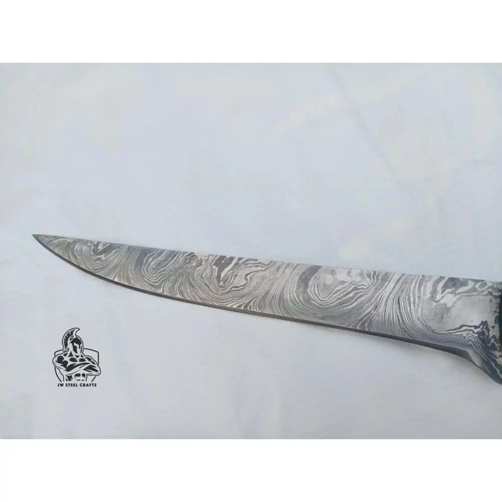 Handmade Damascus Fillet Knife – 11.5 Inch Overall Length, Flexible Fish Filleting Blade with Colored Wood Handle, Full Tang Fishing Knife with Leather Sheath, JW SteelCrafts