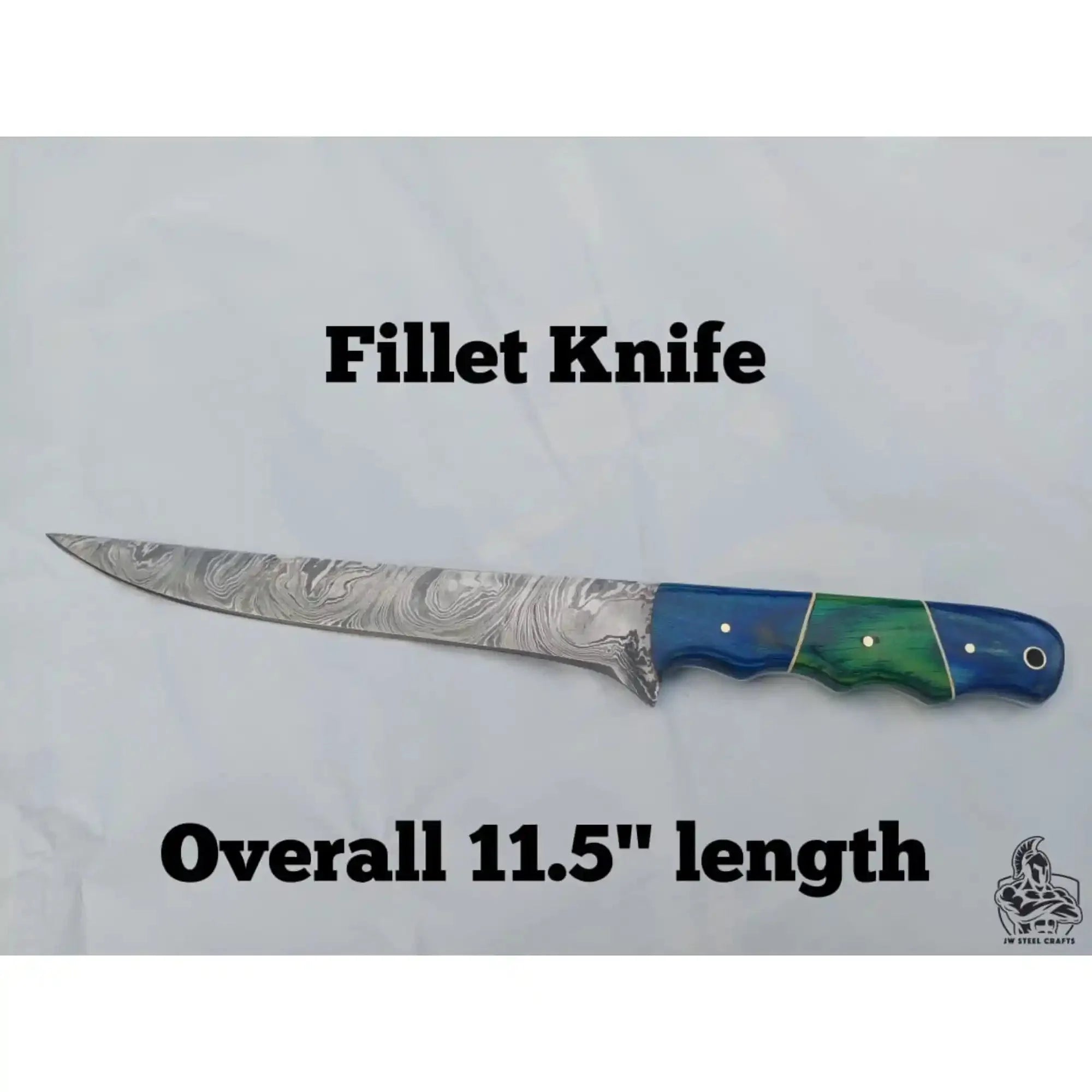 Handmade Damascus Fillet Knife – 11.5 Inch Overall Length, Flexible Fish Filleting Blade with Colored Wood Handle, Full Tang Fishing Knife with Leather Sheath, JW SteelCrafts