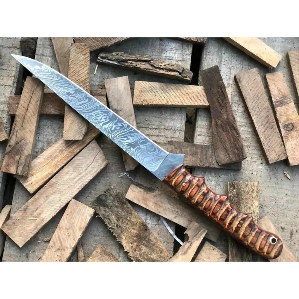 Handmade Damascus Fillet Knife – Flexible Fish Filleting Blade with Rosewood Handle, Full Tang Professional Fishing Knife, Leather Sheath Included, JW SteelCrafts
