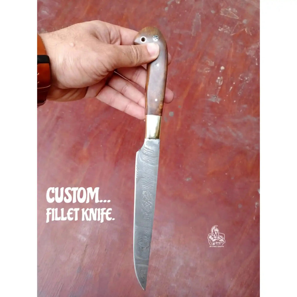 Handmade Damascus Fillet Knife – Flexible Fish Filleting Blade with Rosewood Handle, Full Tang Professional Fishing Knife, Leather Sheath Included, JW SteelCrafts