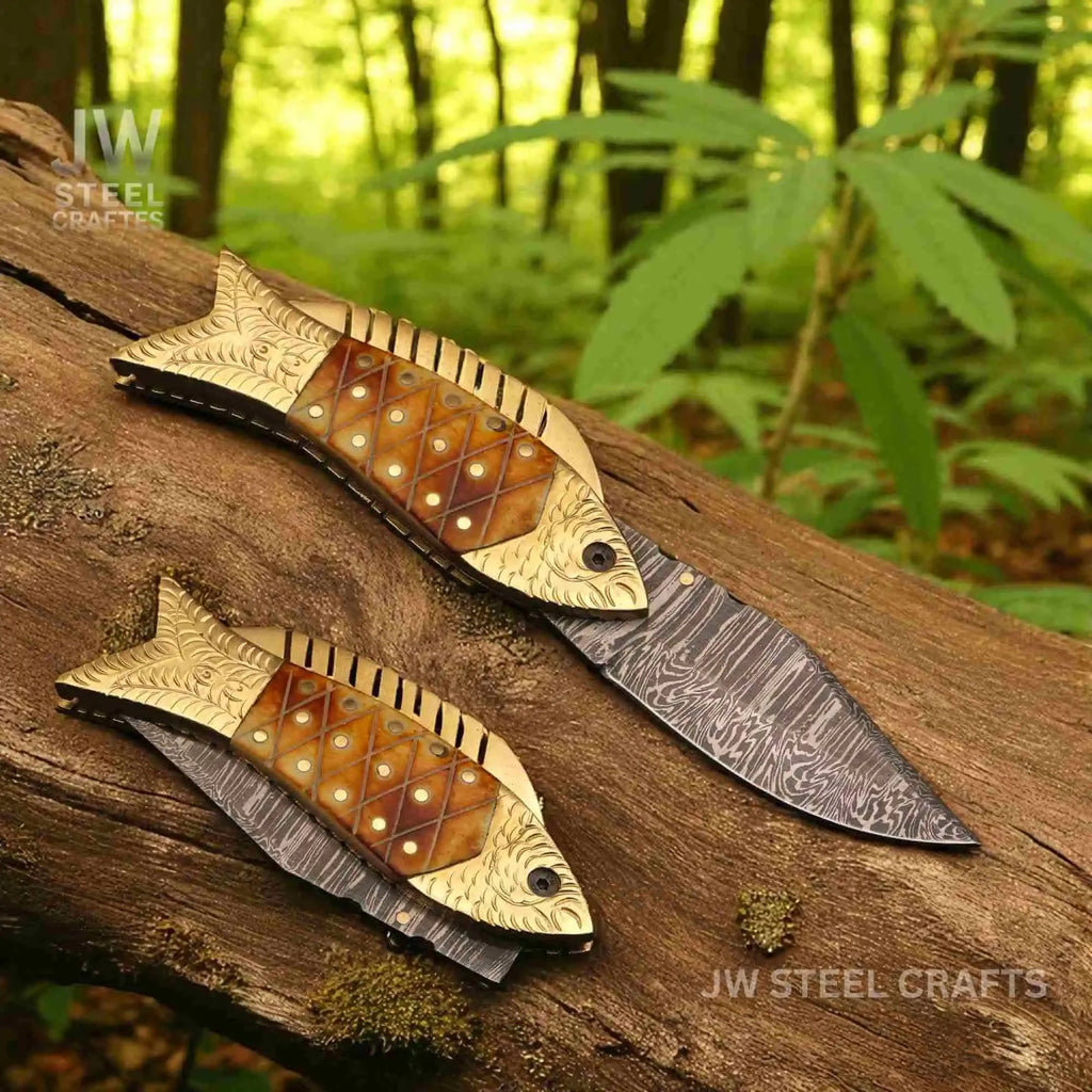 Handmade Damascus Fish Folding Knife – Bone Handle with Brass Bolster