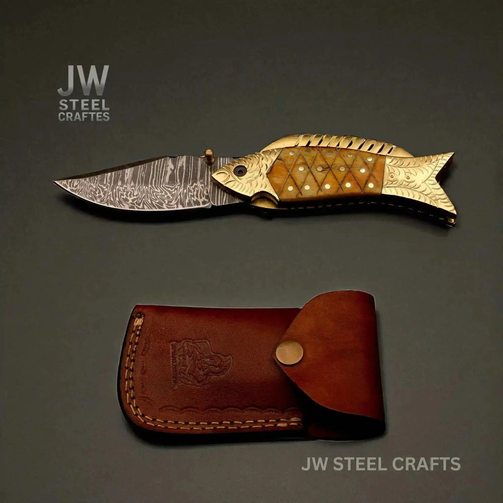 Handmade Damascus Fish Folding Knife – Bone Handle with Brass Bolster
