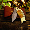Handmade Damascus Fish Folding Knife – Bone Handle with Brass Bolster