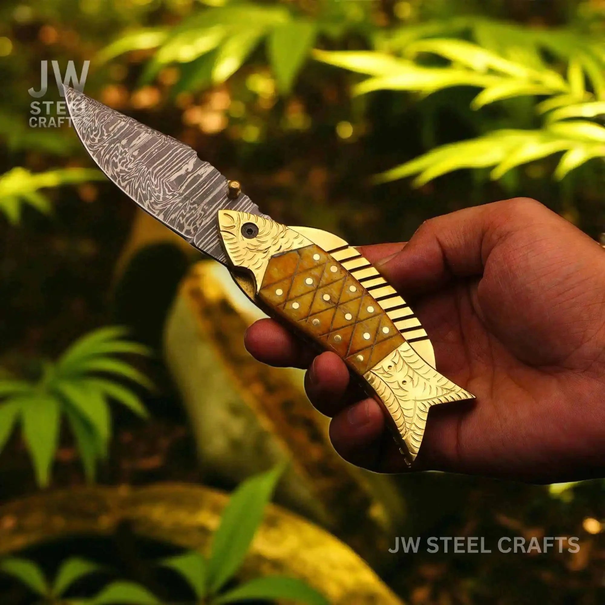 Handmade Damascus Fish Folding Knife – Bone Handle with Brass Bolster