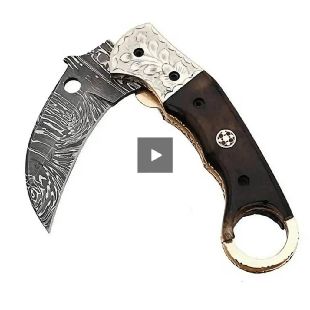 Handmade Damascus Folding Karambit Knife with Ring Handle, Dark Wood Grip & Engraved Bolster
