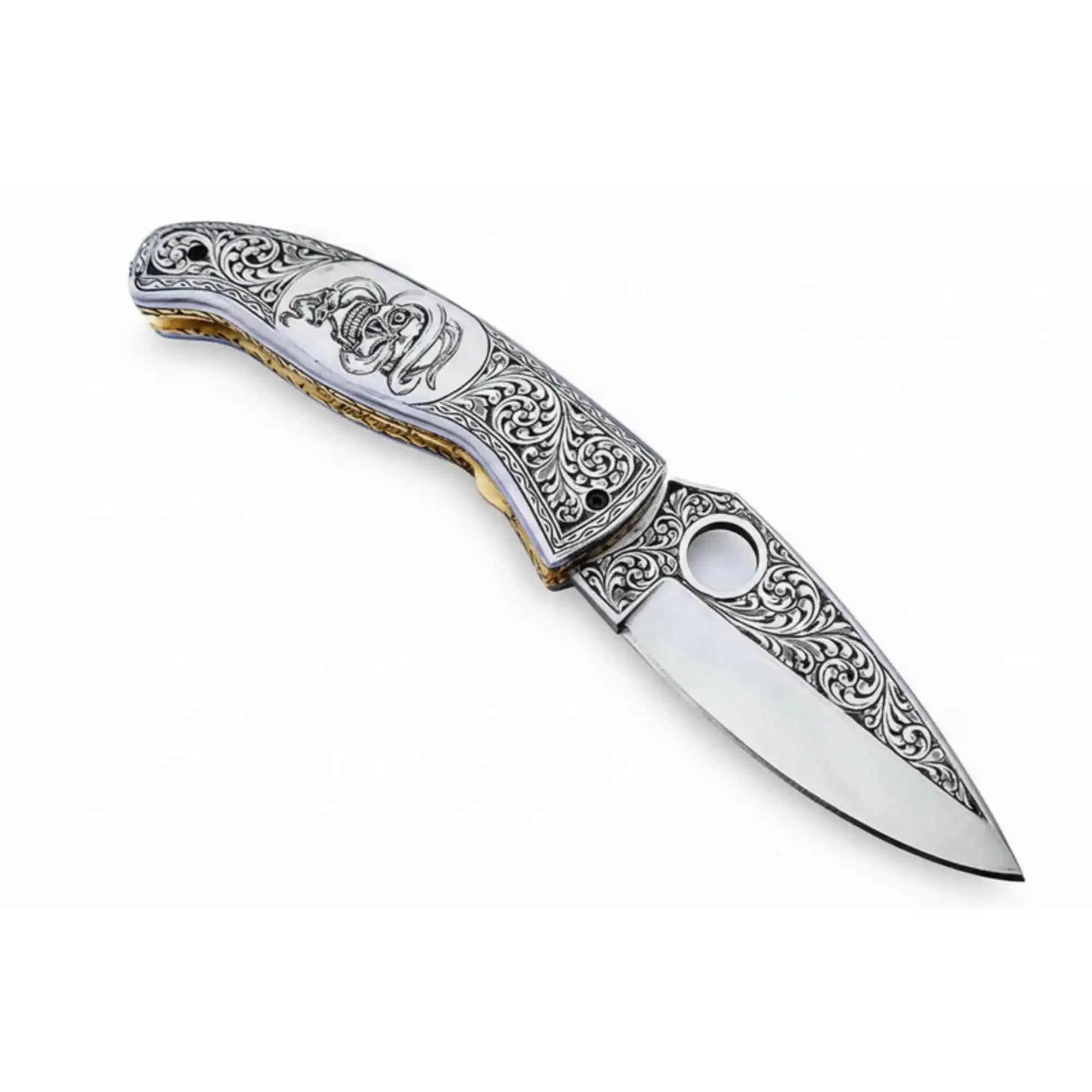 Handmade Damascus Folding Knife, Engraved Bone Handle Pocket Knife, Custom EDC Folder | JW SteelCrafts