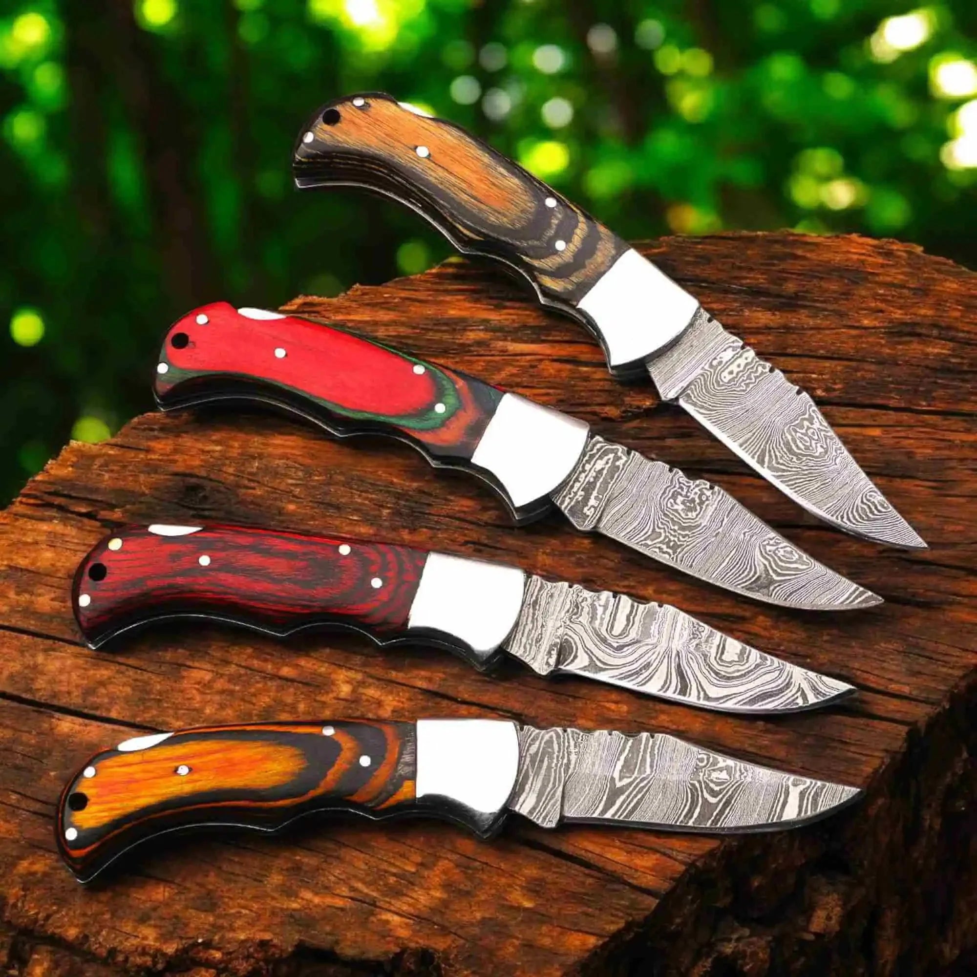 Handmade Damascus Folding Knife – Pakka Wood Handle (4 Color Variations)