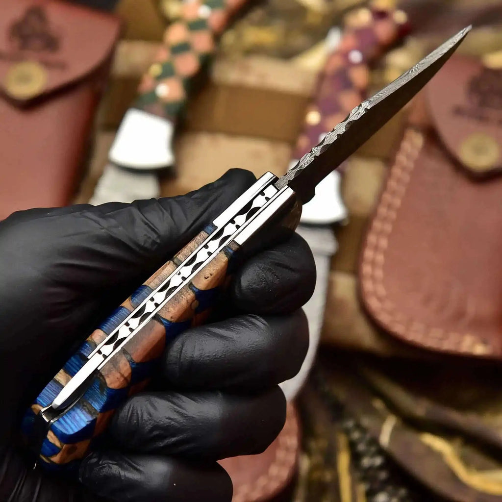 Handmade Damascus Folding Knife – Pakka Wood Handle (4 Color Variations)