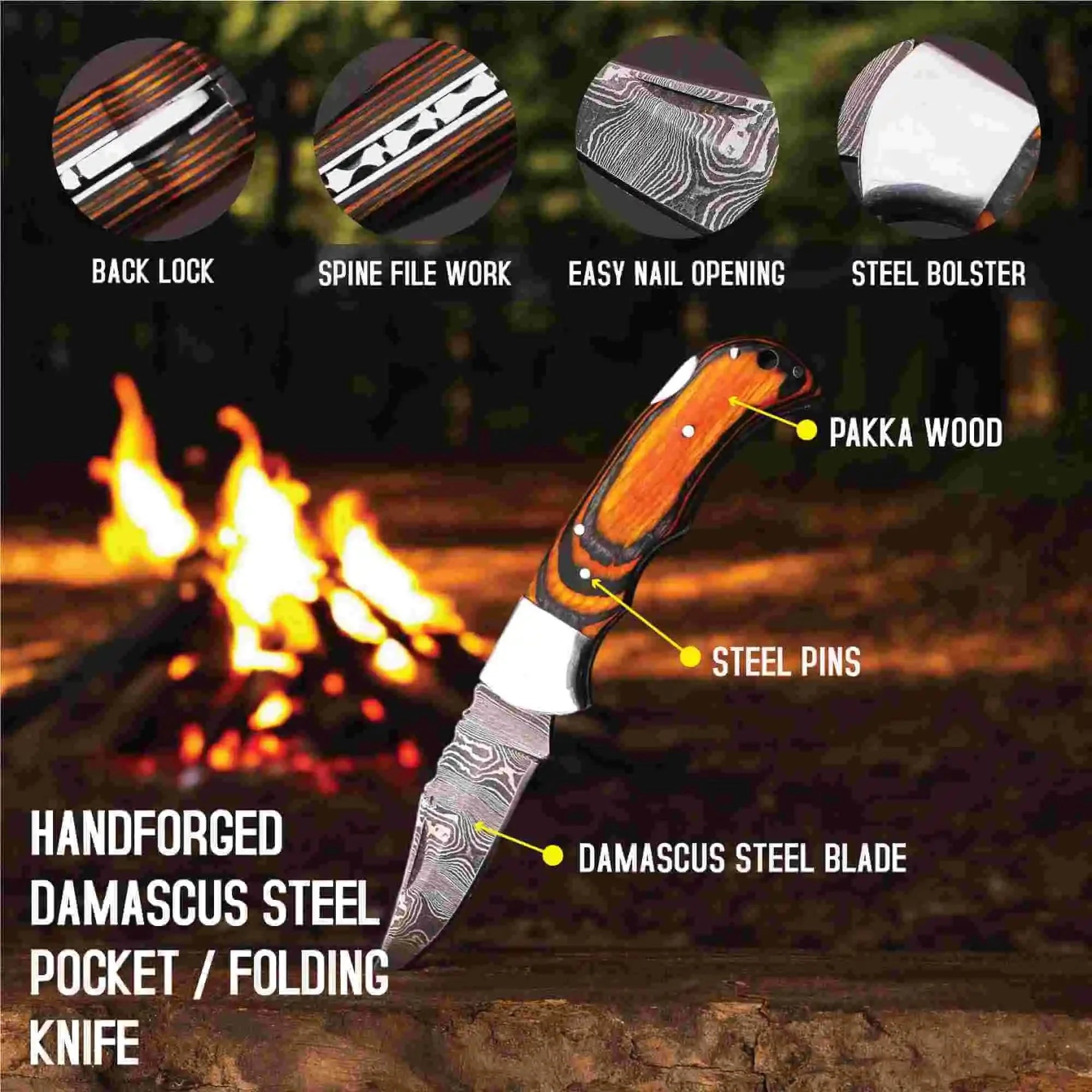 Handmade Damascus Folding Knife – Pakka Wood Handle (4 Color Variations)