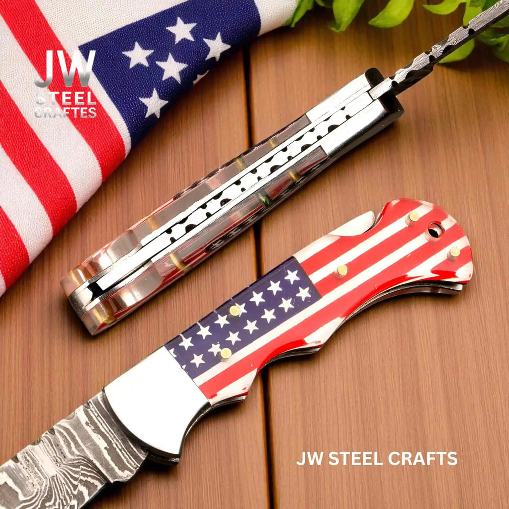 Handmade Damascus Folding Knife – Ram Horn or American Flag Handle