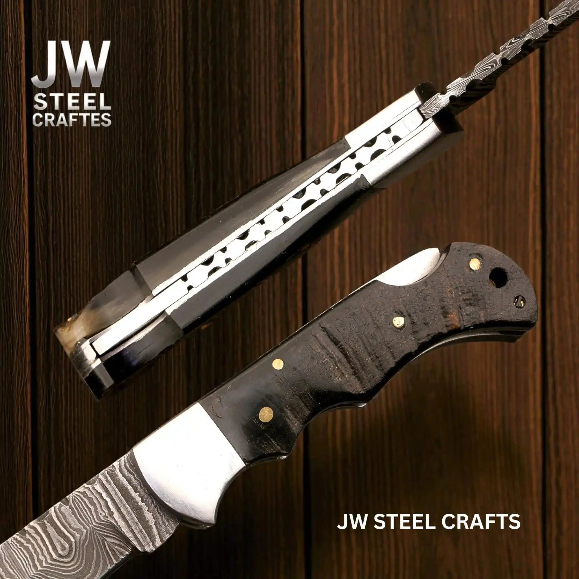Handmade Damascus Folding Knife – Ram Horn or American Flag Handle