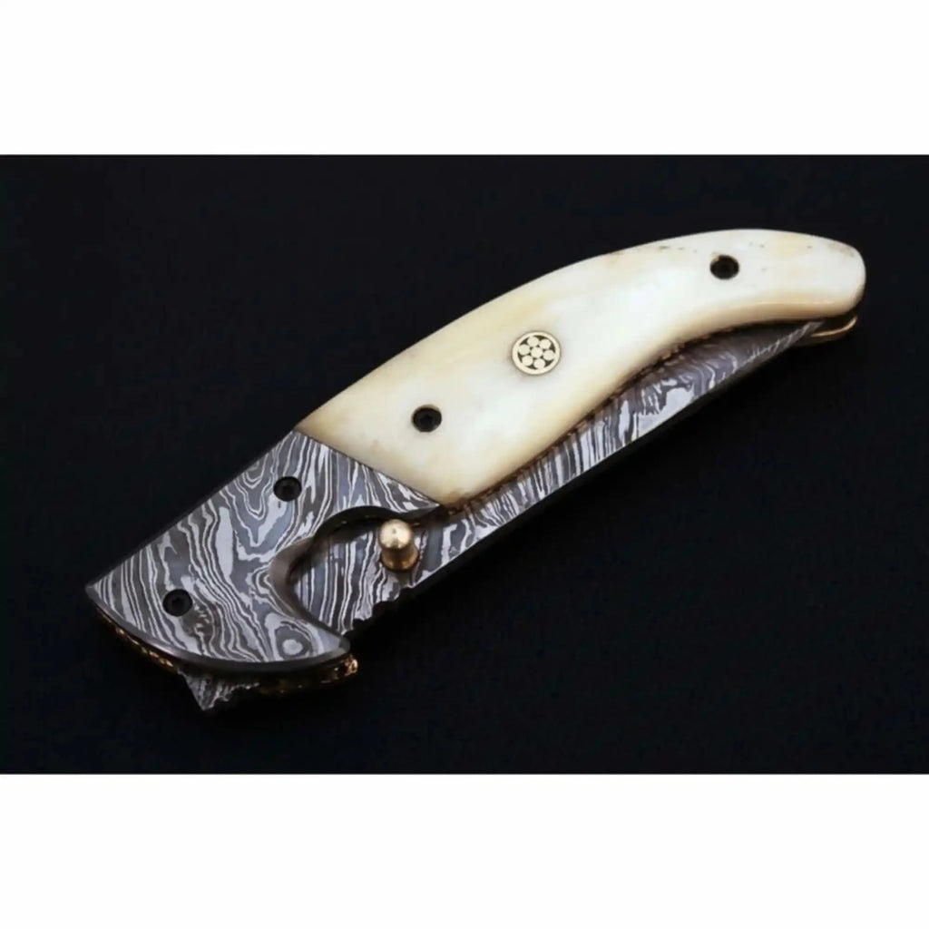 Handmade Damascus Folding Knife with Bone Handle – Compact EDC Pocket Knife with Leather Sheath