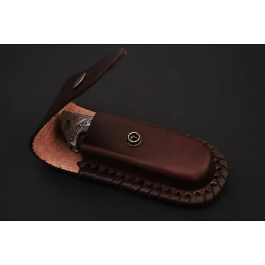 Handmade Damascus Folding Knife with Bone Handle – Compact EDC Pocket Knife with Leather Sheath