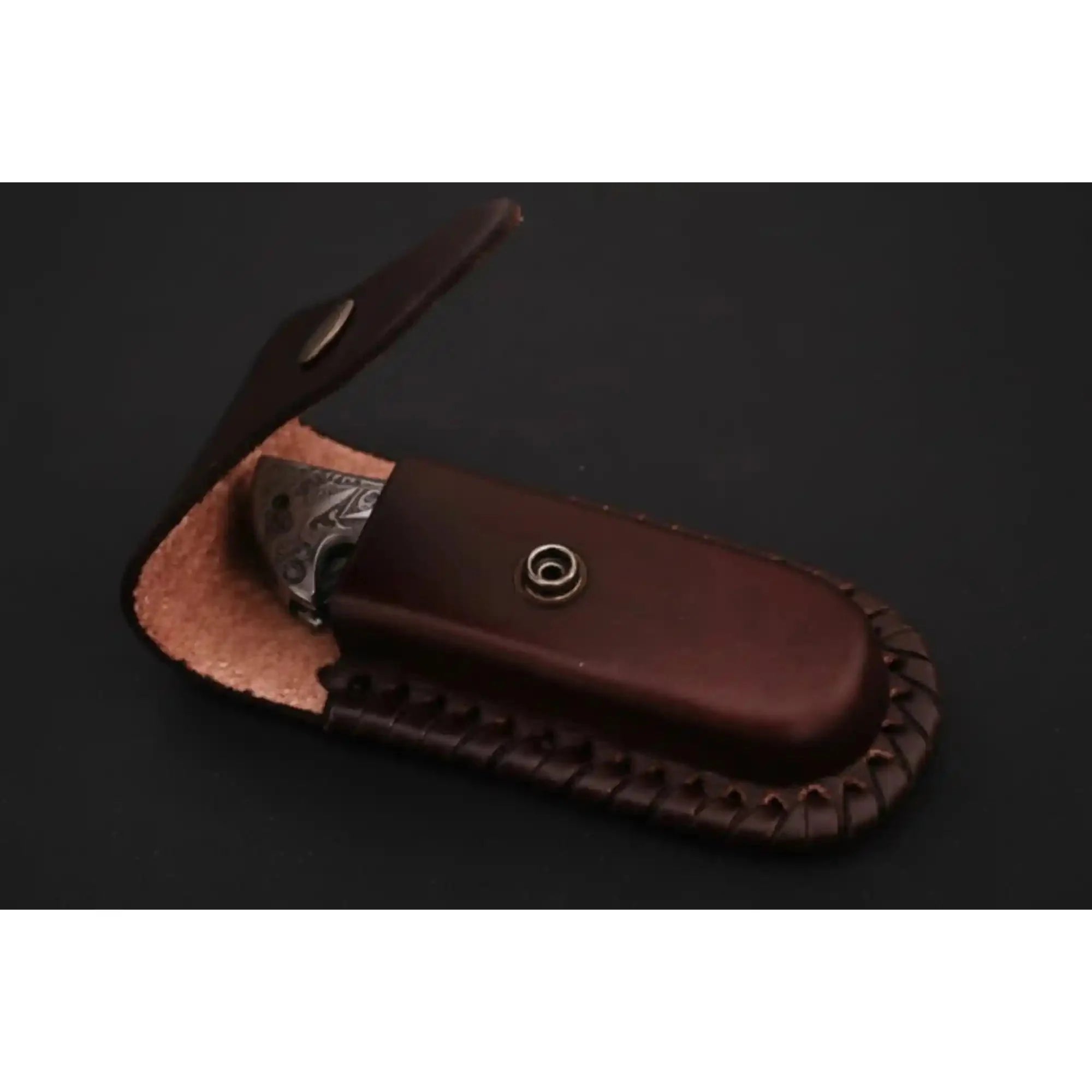 Handmade Damascus Folding Knife with Bone Handle – Compact EDC Pocket Knife with Leather Sheath