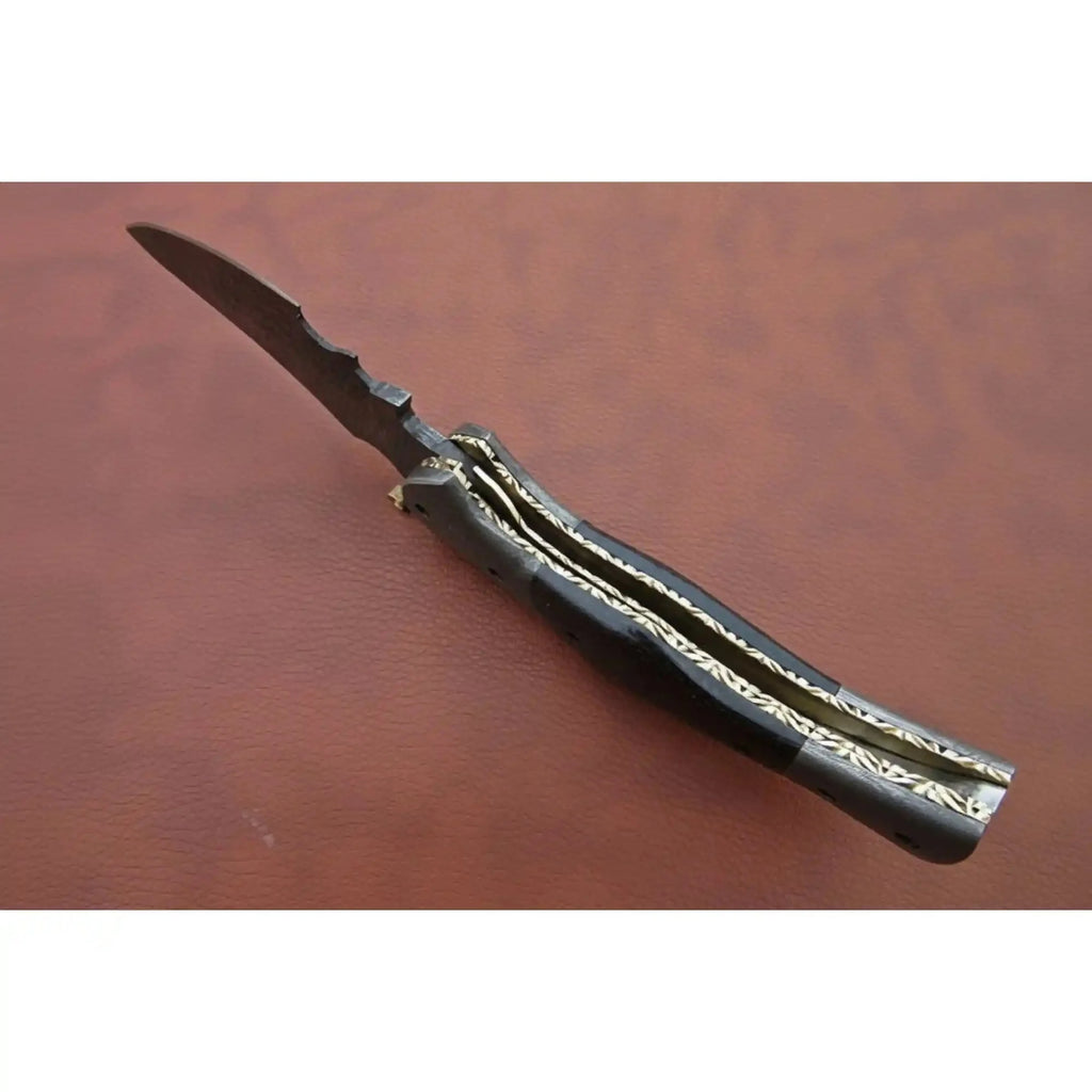 Handmade Damascus Folding Knife with Dark Wood Handle & Spine Jimping – Custom EDC Pocket Knife by JW SteelCrafts