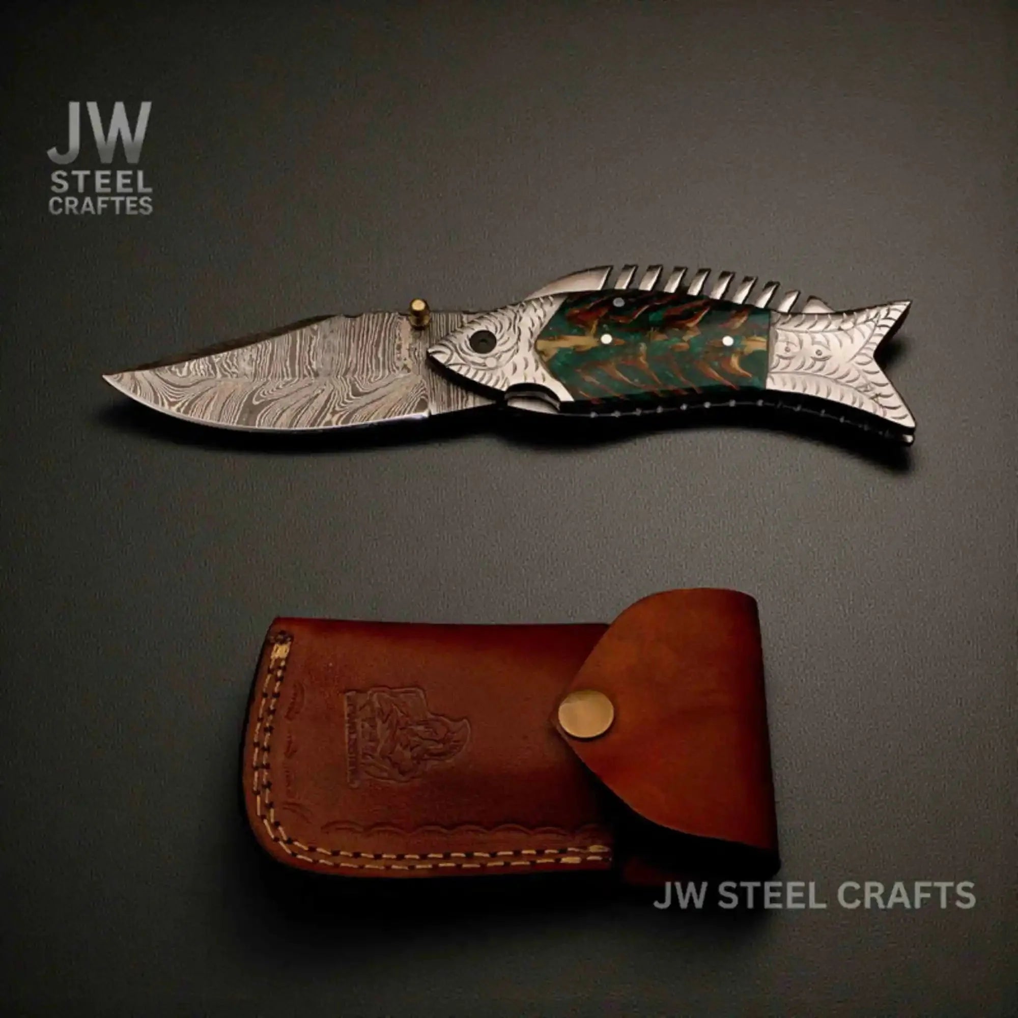 Handmade Damascus Folding Knife with Green Pinecone Resin Handle