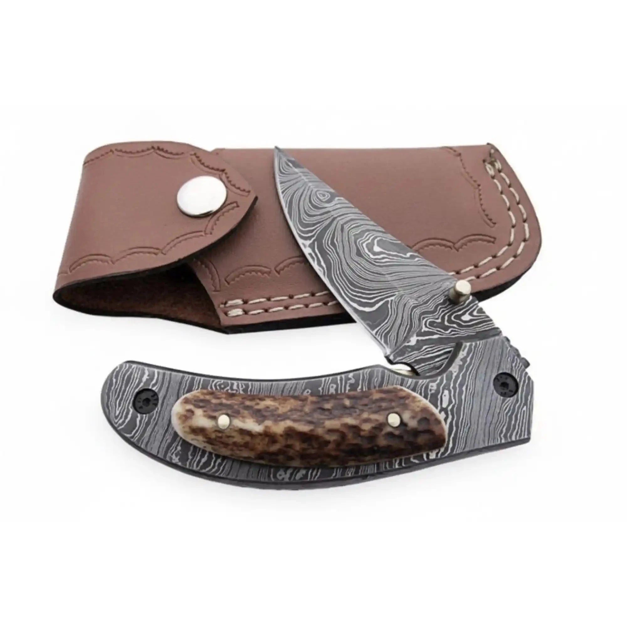 Handmade Damascus Folding Knife with Natural Stag Horn Handle and Inner Lock – Custom EDC Pocket Knife by JW SteelCrafts