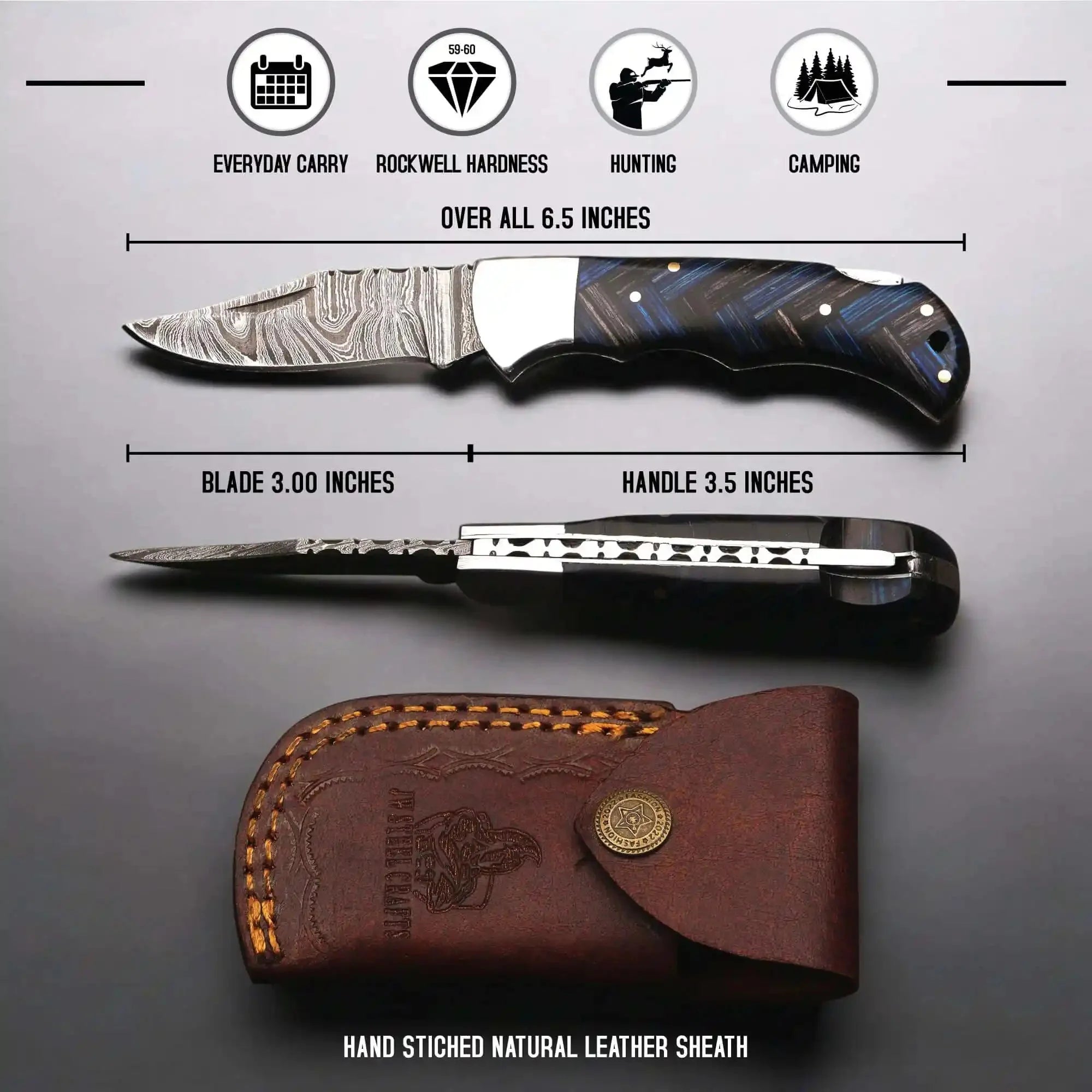 Handmade Damascus Folding Knife with Pakka Wood Handle & Leather Sheath