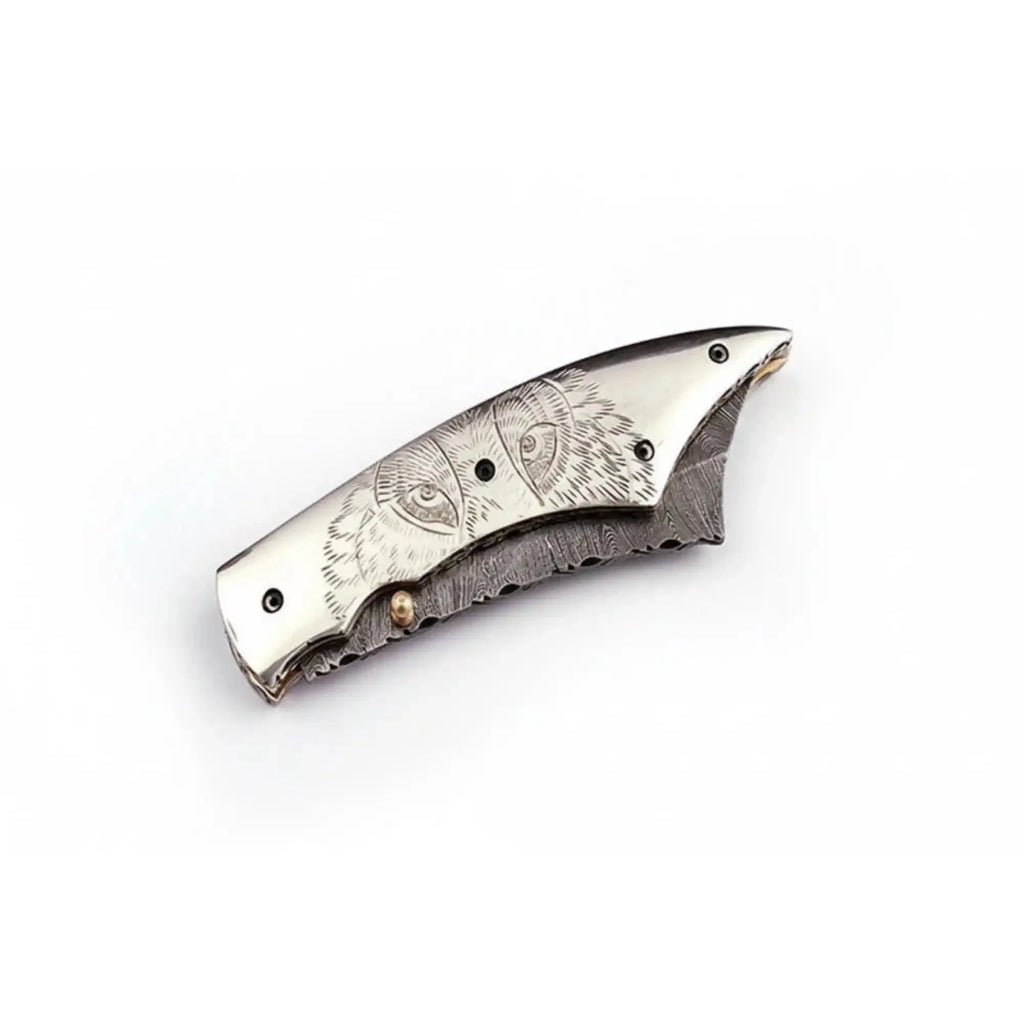 Handmade Damascus Folding Knife with Wolf Engraved Bone Handle & Leather Sheath