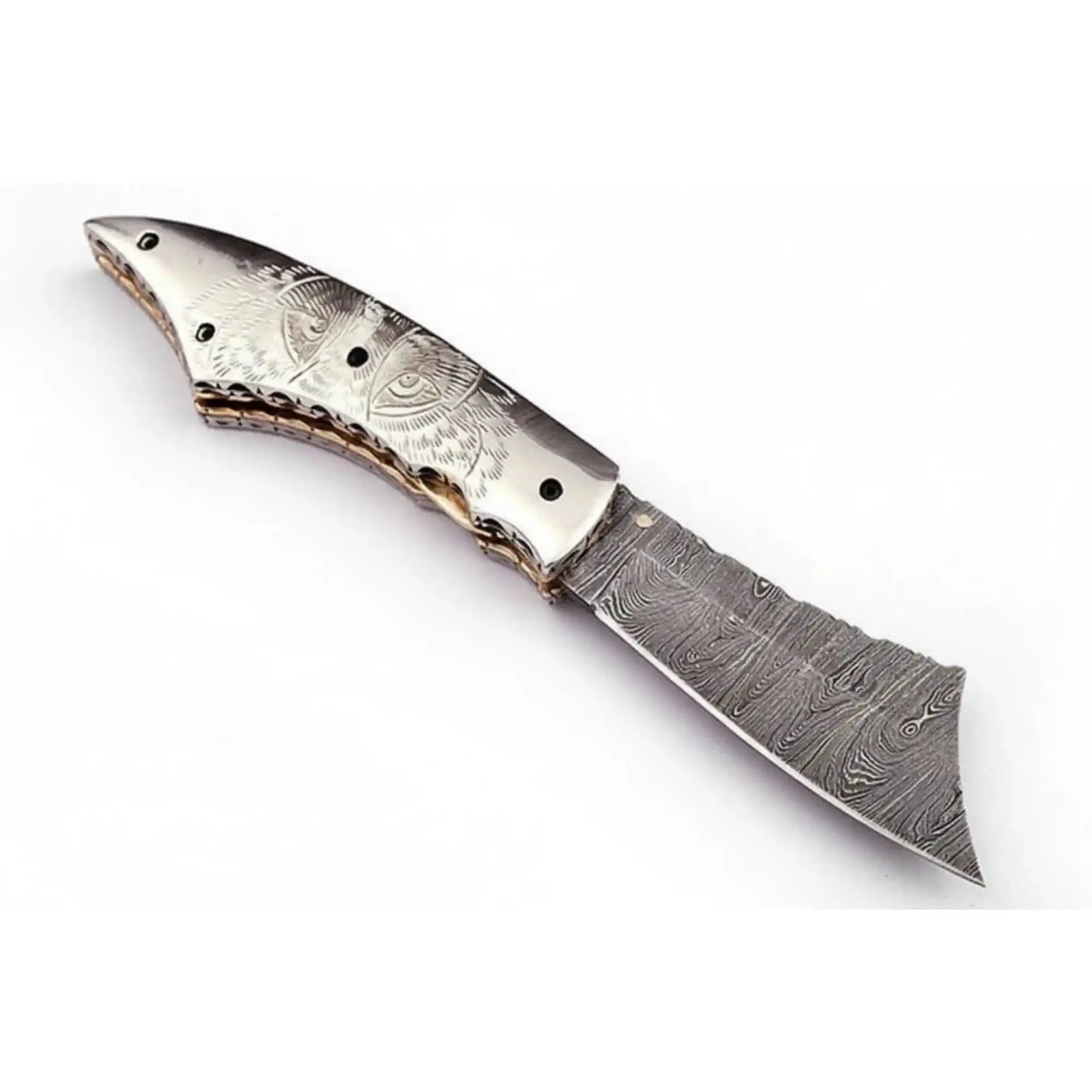 Handmade Damascus Folding Knife with Wolf Engraved Bone Handle & Leather Sheath