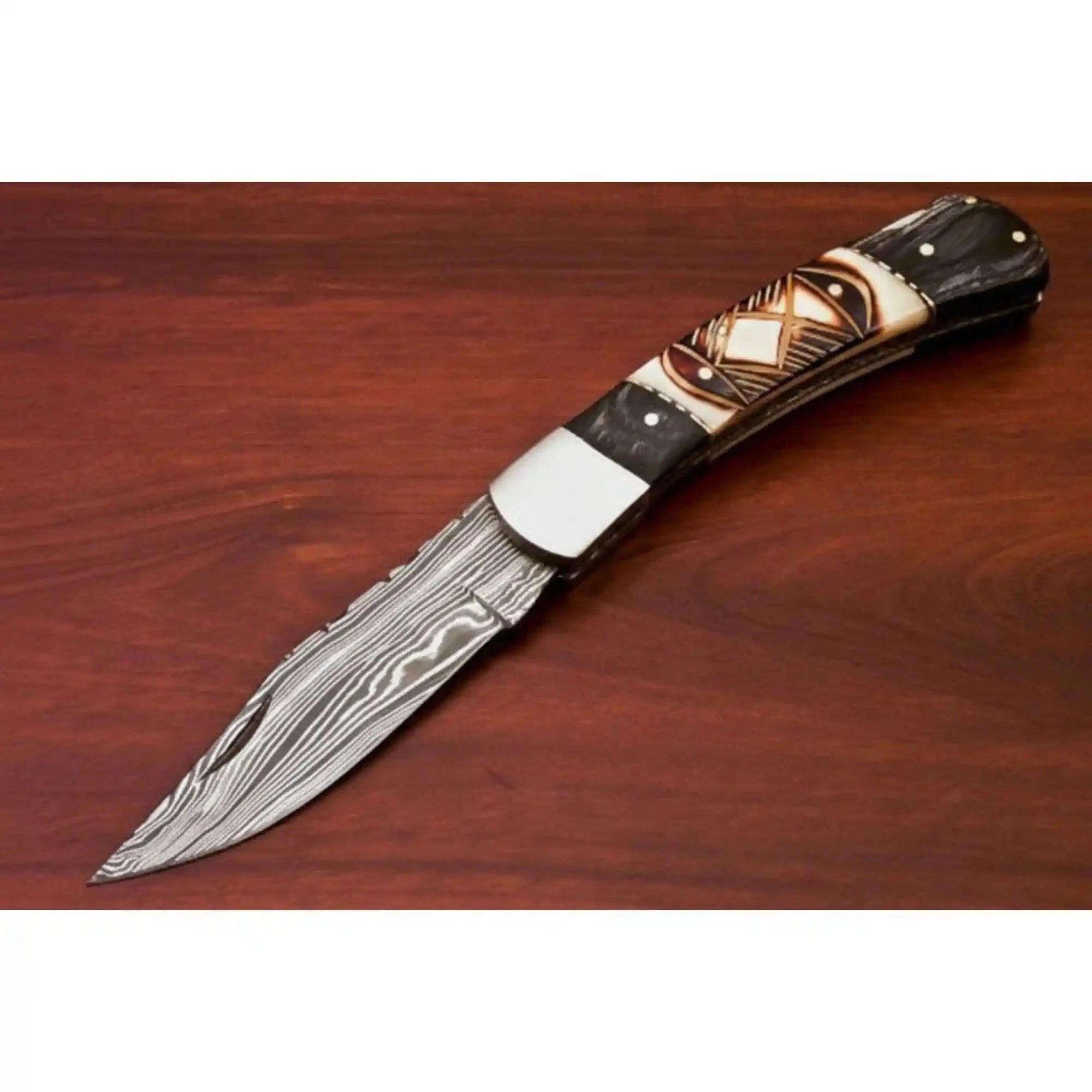 Handmade Damascus Folding Pocket Knife – Engraved & Plain Handle Variants | Leather Sheath Included