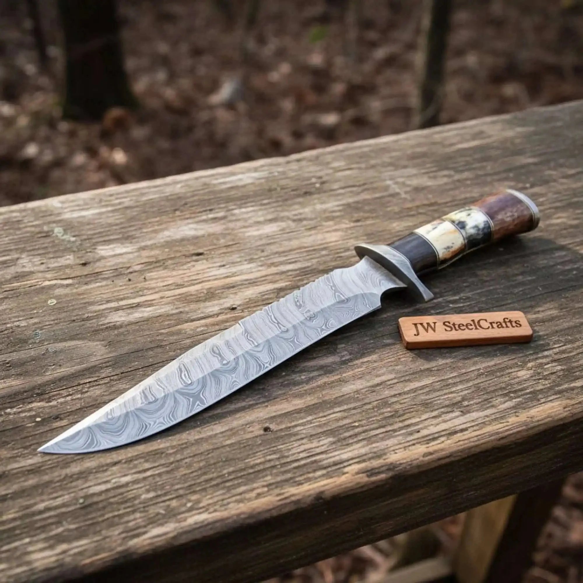 Handmade Damascus Frontier Bowie Knife, Coffin Style Stacked  and Wood Handle, Nickel Silver Guard, Clip Point, JW SteelCrafts