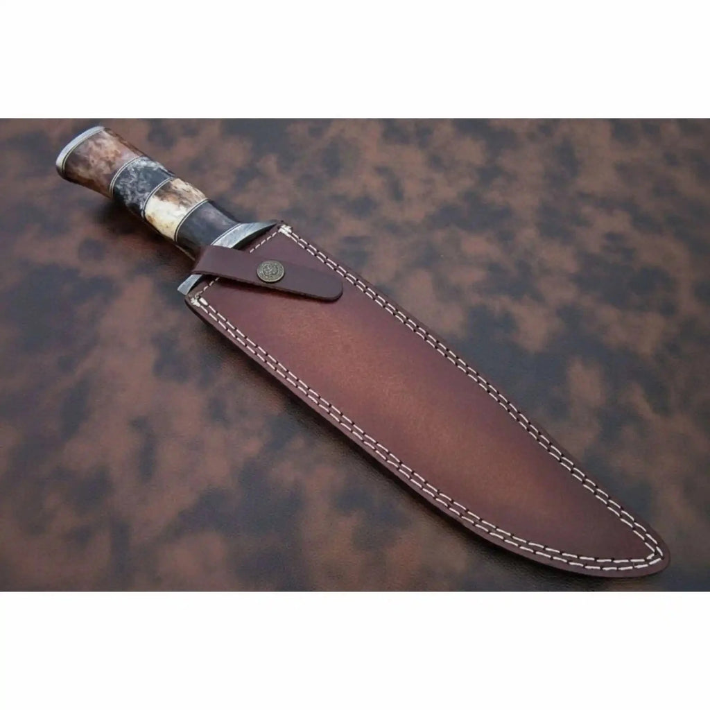 Handmade Damascus Frontier Bowie Knife, Coffin Style Stacked  and Wood Handle, Nickel Silver Guard, Clip Point, JW SteelCrafts