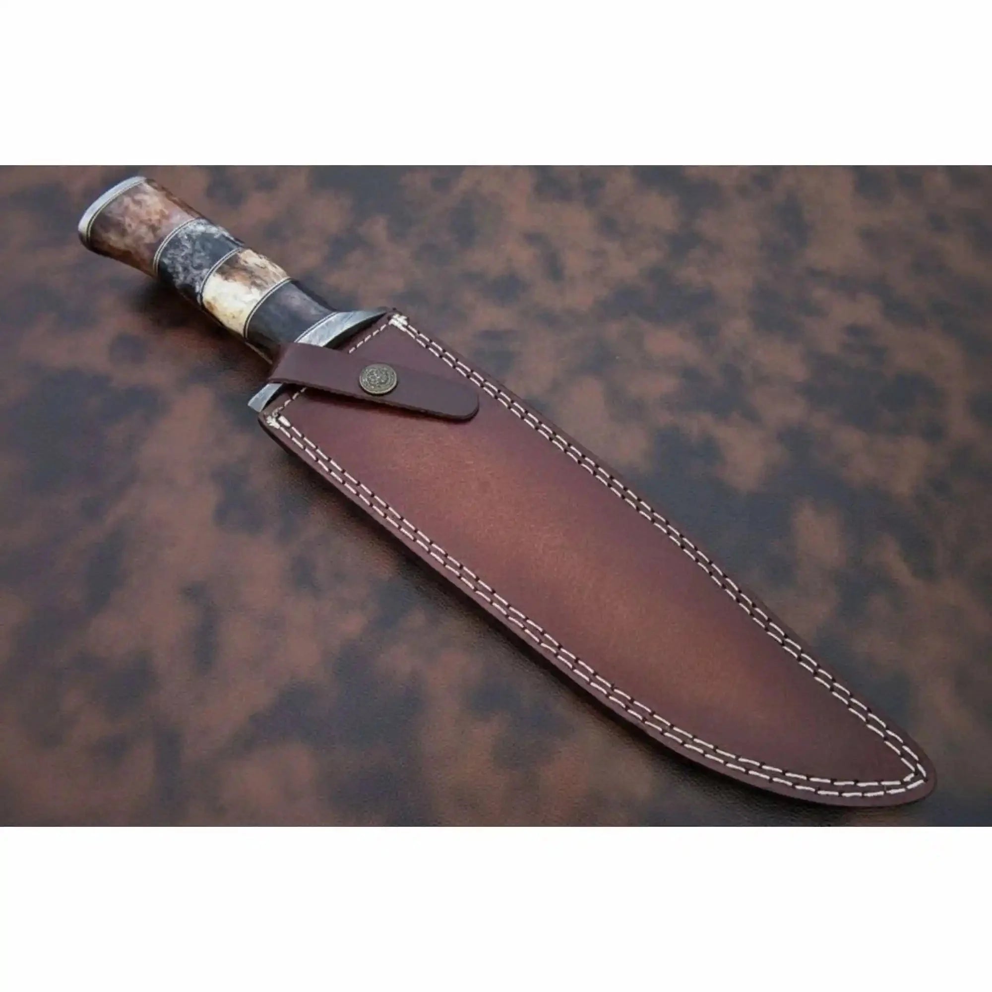 Handmade Damascus Frontier Bowie Knife, Coffin Style Stacked  and Wood Handle, Nickel Silver Guard, Clip Point, JW SteelCrafts