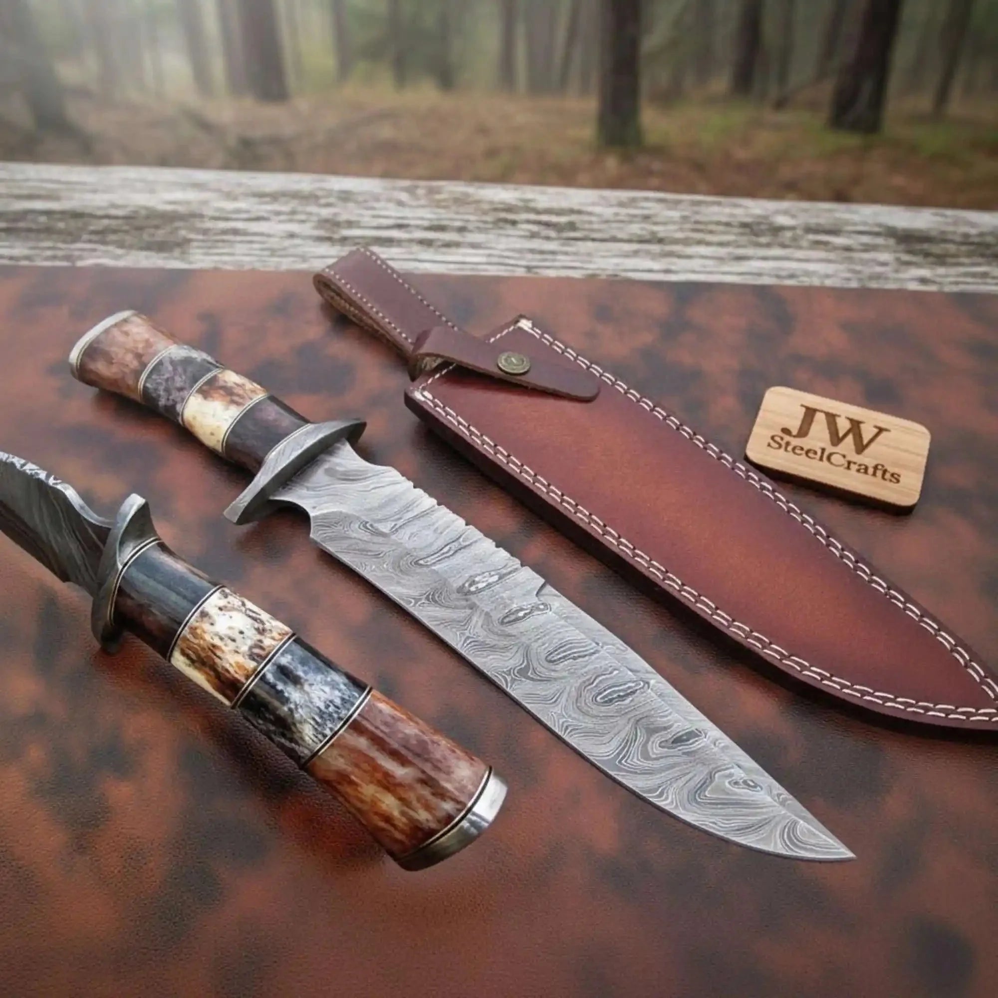 Handmade Damascus Frontier Bowie Knife, Coffin Style Stacked  and Wood Handle, Nickel Silver Guard, Clip Point, JW SteelCrafts
