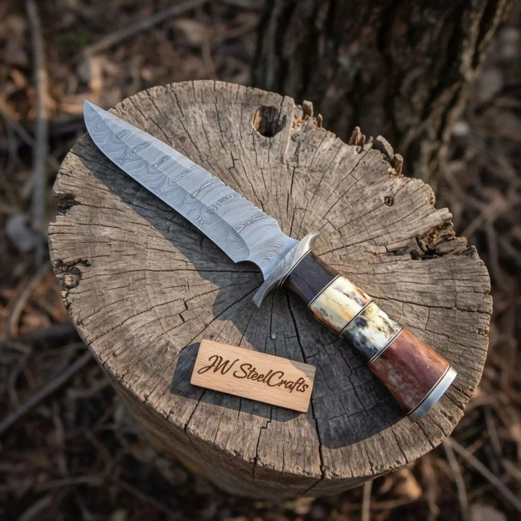 Handmade Damascus Frontier Bowie Knife, Coffin Style Stacked  and Wood Handle, Nickel Silver Guard, Clip Point, JW SteelCrafts